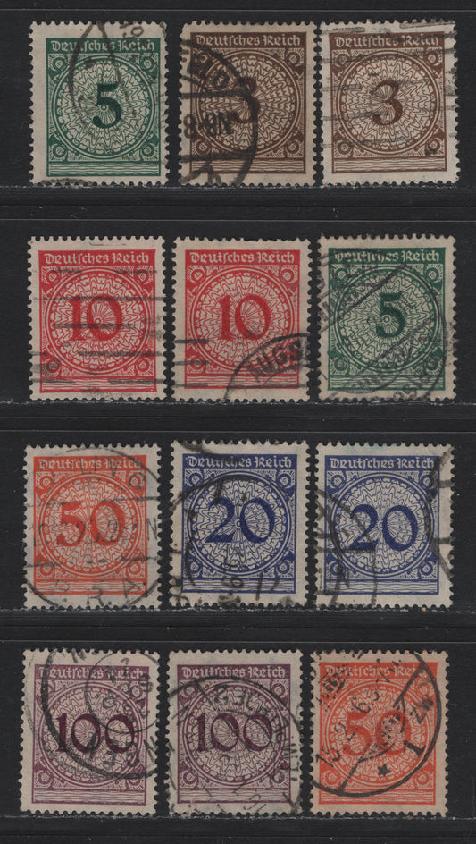 Lot 174 Germany SC#323-328 (338Pa-343P, 338wa-343w) 3pf - 100pf Dark Orange Brown - Blackish Violet Purple , 1923 Revalued Florette Numeral Issue, 12 Fine/Very Fine Used Singles, Complete Set of Flat Plate & Rotary Press Printings