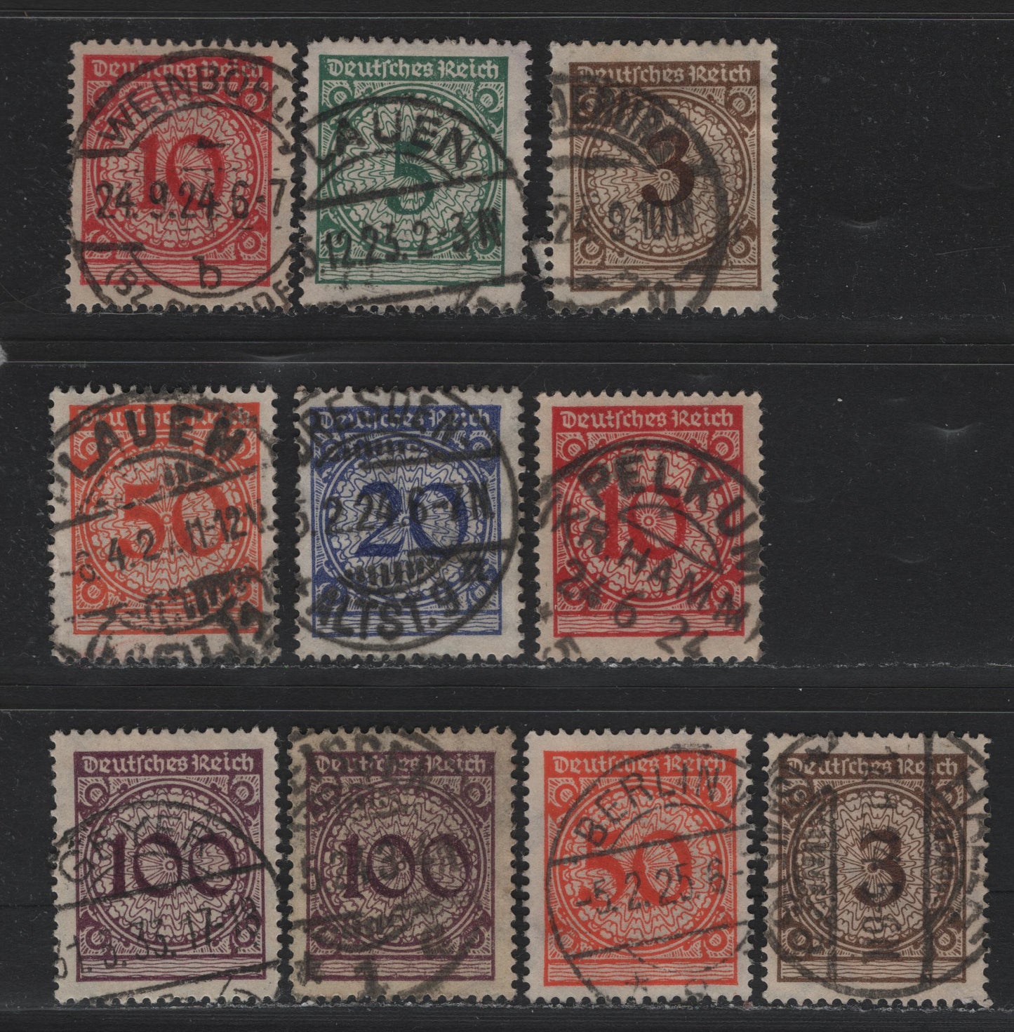 Lot 175 Germany SC#323-328 (338Pa-343P, 338wa-343w) 3pf - 100pf Dark Orange Brown - Blackish Violet Purple , 1923 Revalued Florette Numeral Issue, 10 Fine/Very Fine Used Singles, As Lot 174, But Without The Rotary Press 20pf & Readable Town Cancels