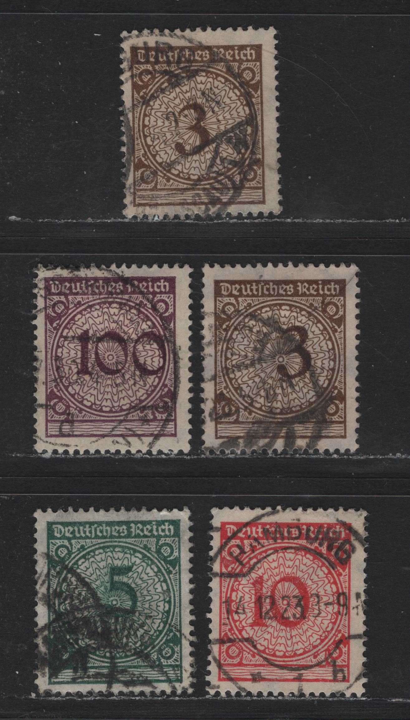 Lot 177 Germany SC#323-325, 328 (338wa. 339wa, 340wa, 343w(unlisted)) 3pf - 100pf Dark Orange Brown - Blackish Viole Purple , 1923 Revalued Florette Numeral Issue, 5 Fine/Very Fine Used Singles, Rotary Press Printings, Misplaced Numerals