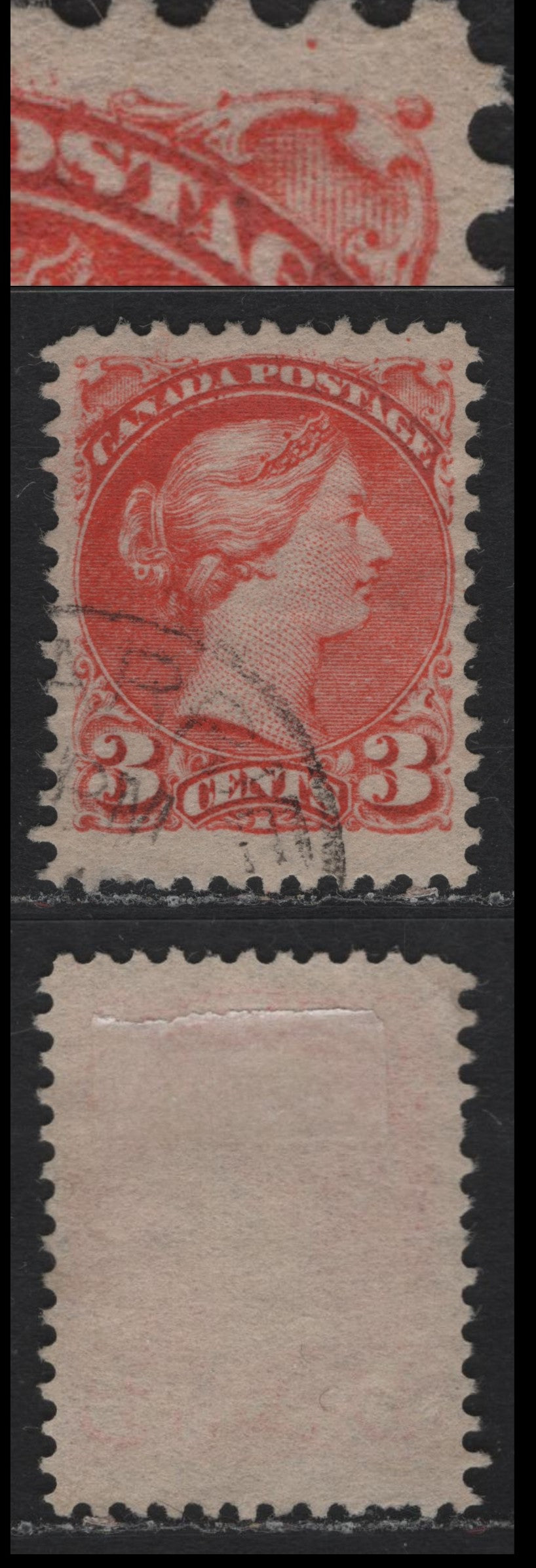 Lot 17 Canada #41 3c Orange Red Queen Victoria, 1888-1897 Small Queen Issue, A Fine Used Single, Early Second Ottawa Printing Showing Position Dot At UR, 2O-E Paper, Perf 12.1x12.
