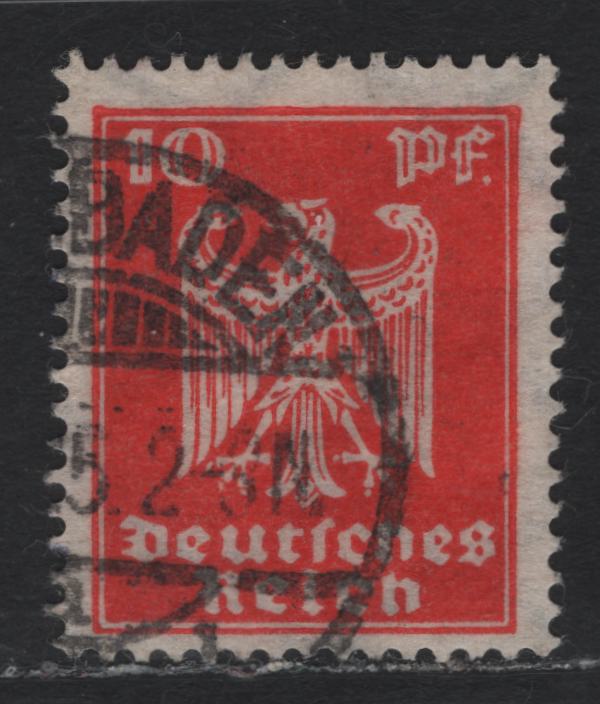 Lot 181 Germany SC#332 (357y) 10pf Vermillion - Olive Green , 1924 German Eagle Issue, A Fine Used Single, Sideways Wmk (Network Horizontal Instead of Vertical)
