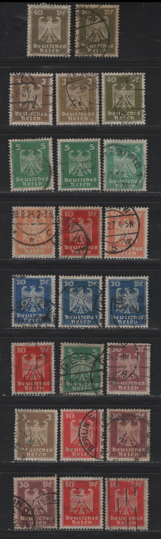 Lot 183 Germany SC#330-336 (355xa, 356x-361x) 3pf - 50pf Lively Ochre Brown - Lively Orange , 1924 German Eagle Issue, 23 Fine/Very Fine Used Singles, Complete Set With Multiple Unlisted Shades Of Every Value Plus Glassy Papers