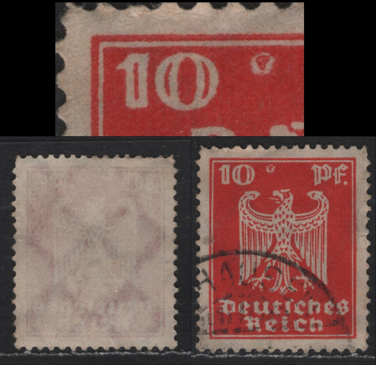 Lot 185 Germany SC#332var (357xvar) 10pf Vermillion , 1924 German Eagle Issue, A Fine Used Single, Large Pruinting Flaw To Right Of Left '10'