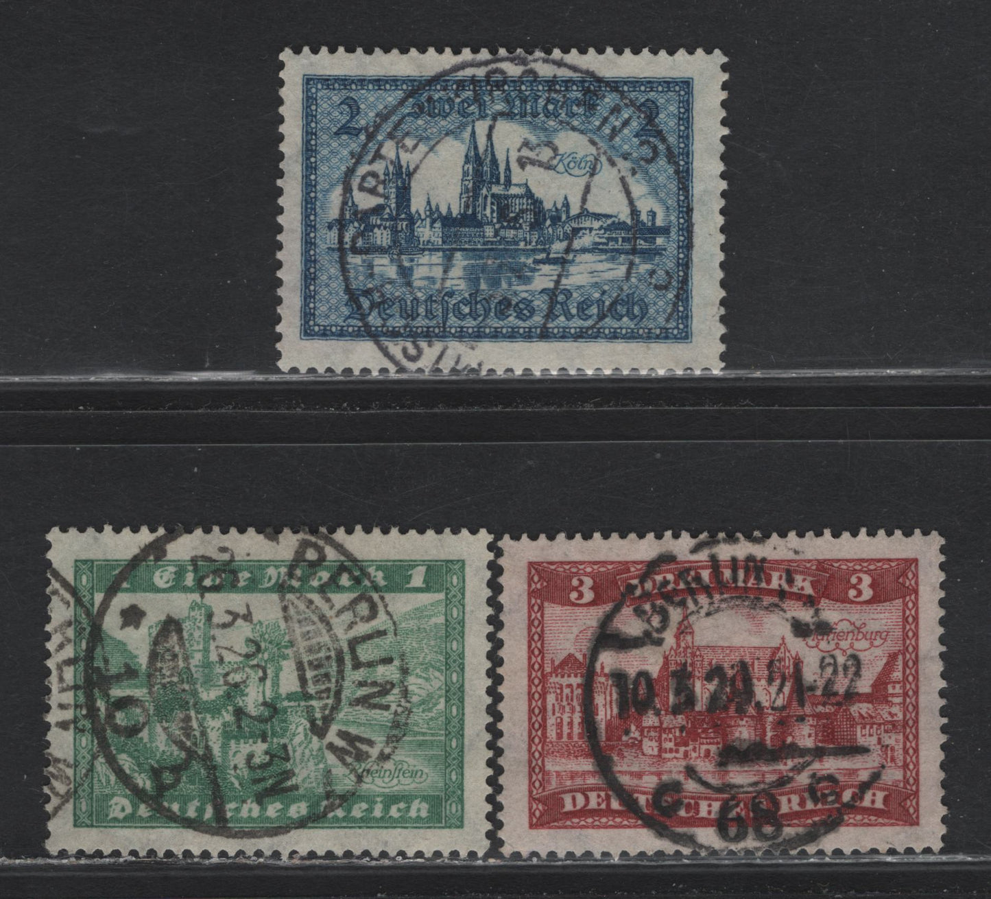 Lot 187 Germany SC#337-339 (364x-366x) 1m - 3m Dark Green - Brownish Carmine , 1924 Castles Issue, 3 Very Fine Used Singles, Readable SON Cancels
