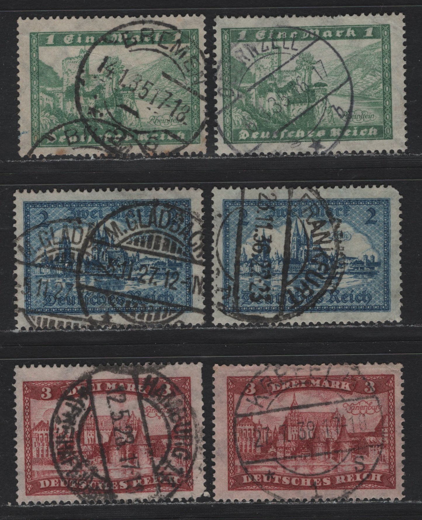 Lot 188 Germany SC#337-339 (364x-366x) 1m - 3m Dark Green - Claret , 1924 Castles Issue, 6 Fine Used Singles, Different Town Cancels