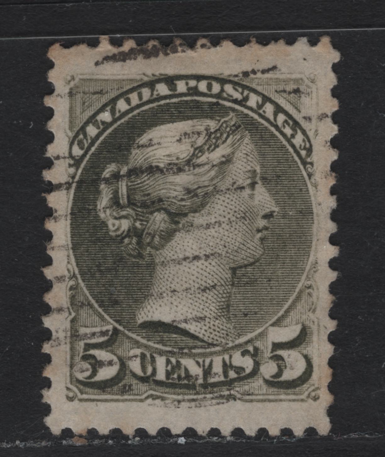 Lot 19 Canada #38 5c Slate Green Queen Victoria, 1870-1893 Small Queen Issue, A Very Fine Used Single, Mid Montreal Printing, MM-D Paper, Perf 12, Showing Small Pos. Dot IN LL Corner Under 5.