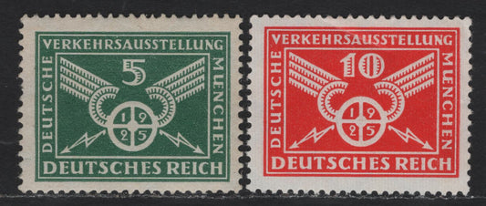 Lot 191 Germany SC#345 (370y, 371x) 5pf - 10pf Green - Vermillion , 1925 German Traffic Exhibition Issue, 2 FNH Singles, 5pf Has Sideways Wmk & 10pf Has Small Gum Bend