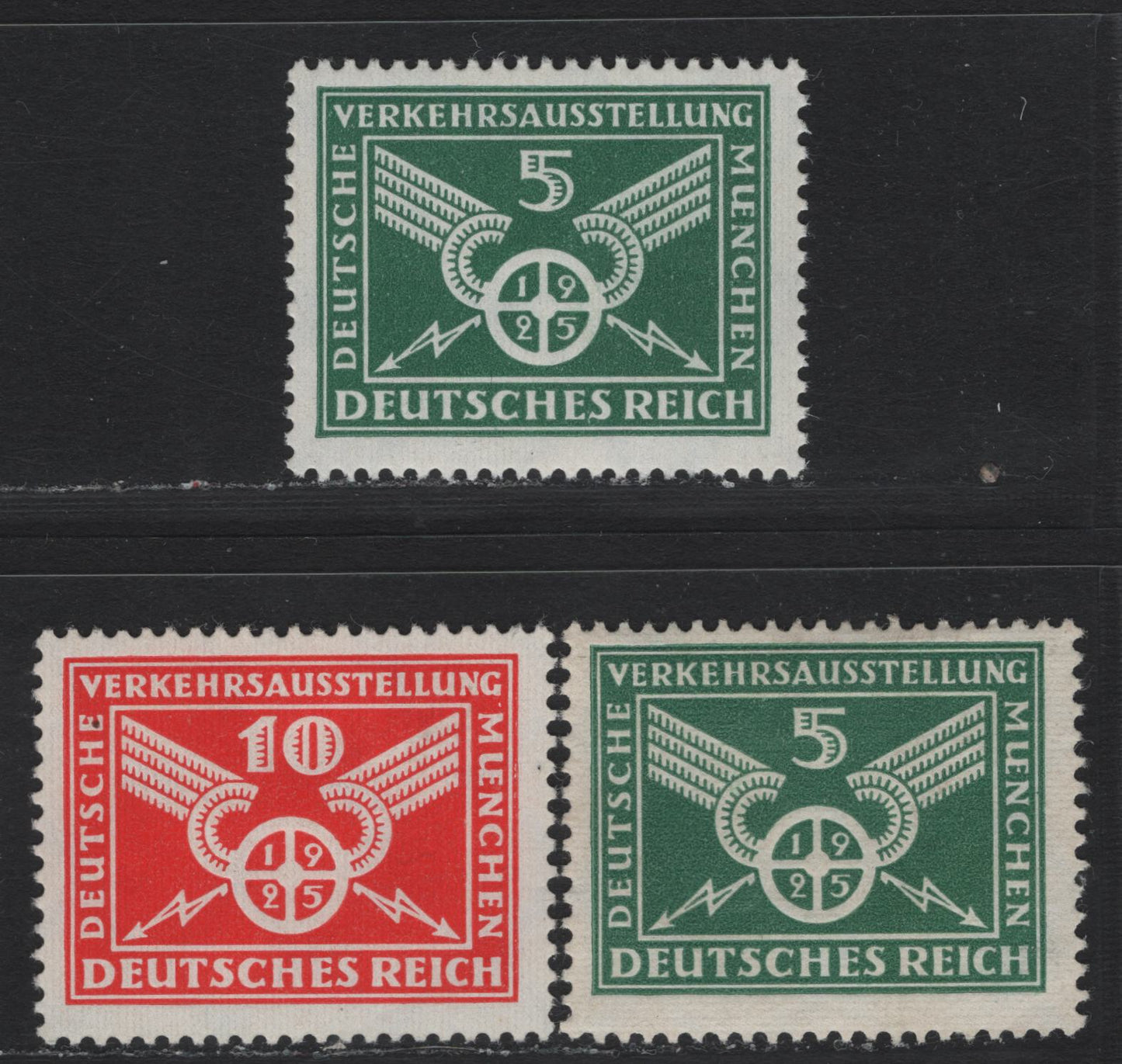 Lot 192 Germany SC#345-346 (370x-y, 371x) 5pf - 10pf Green - Vermillion , 1925 German Traffic Exhibition Issue, 3 F/VFOG Singles, 5pf With Normal & Sideways Wmks