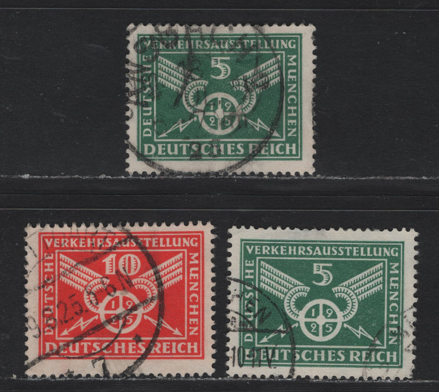 Lot 193 Germany SC#345-346 (370x-y, 371Y) 5pf - 10pf Green - Vermillion , 1925 German Traffic Exhibition Issue, 3 Fine/Very Fine Used Singles, 5pf With Both Sideways & Upright Wmk & 10pf Has Sideways Wmk