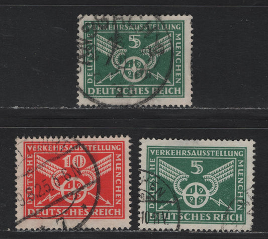 Lot 193 Germany SC#345-346 (370x-y, 371Y) 5pf - 10pf Green - Vermillion , 1925 German Traffic Exhibition Issue, 3 Fine/Very Fine Used Singles, 5pf With Both Sideways & Upright Wmk & 10pf Has Sideways Wmk