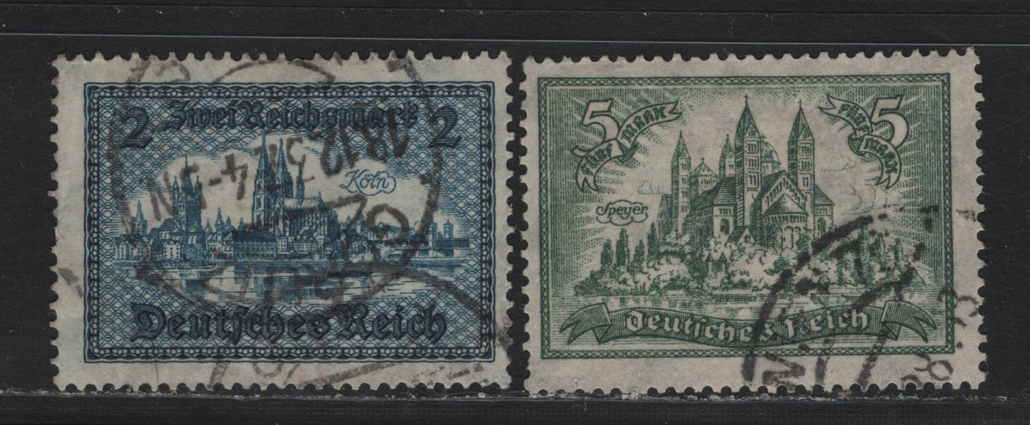 Lot 194 Germany SC#350, 387 (367x, 440) 5m - 2m Dull Green - Blue , 1925-1930 Castles Issue, 2 Fine Used Singles, Reichsmark Inscription On 2m