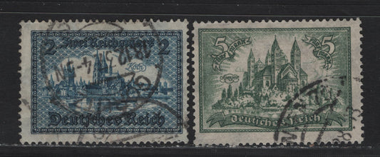 Lot 194 Germany SC#350, 387 (367x, 440) 5m - 2m Dull Green - Blue , 1925-1930 Castles Issue, 2 Fine Used Singles, Reichsmark Inscription On 2m
