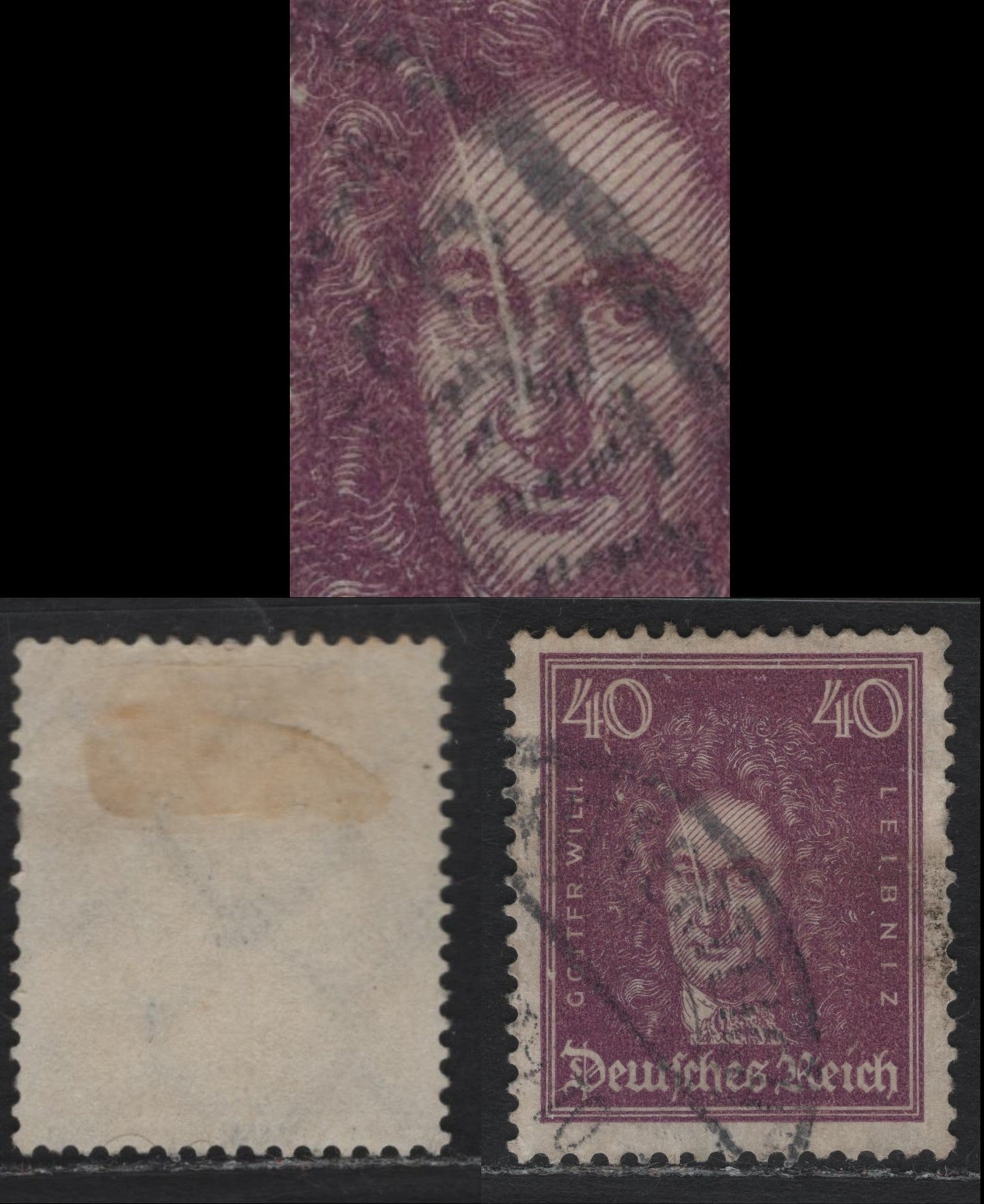 Lot 199 Germany SC#360var (395var) 40pf Reddish Violet , 1926-1927 Composers Issue, A Fine Used Single, Showing Large Diagonal Scratch On Leibnitz's Face, Unlisted In Michel