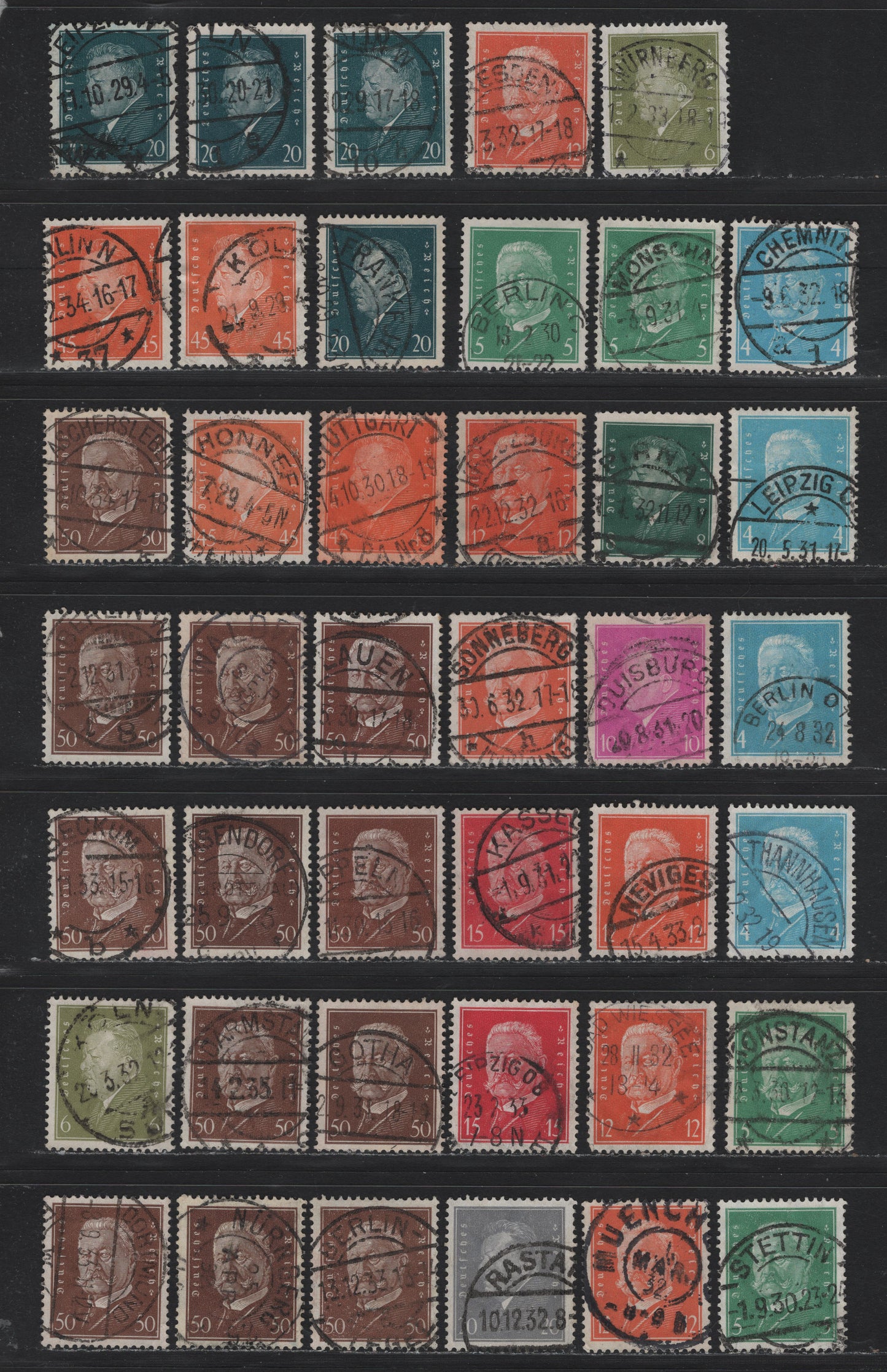 Lot 205 Germany SC#367/381 (435-436, 451, 465-466, 411/420) 4pf - 50pf Light Blue - Brown , 1928-1932 Ebert & Hindenburg Issue, 41 Fine/Very Fine Used Singles, Different Readable Town Cancels