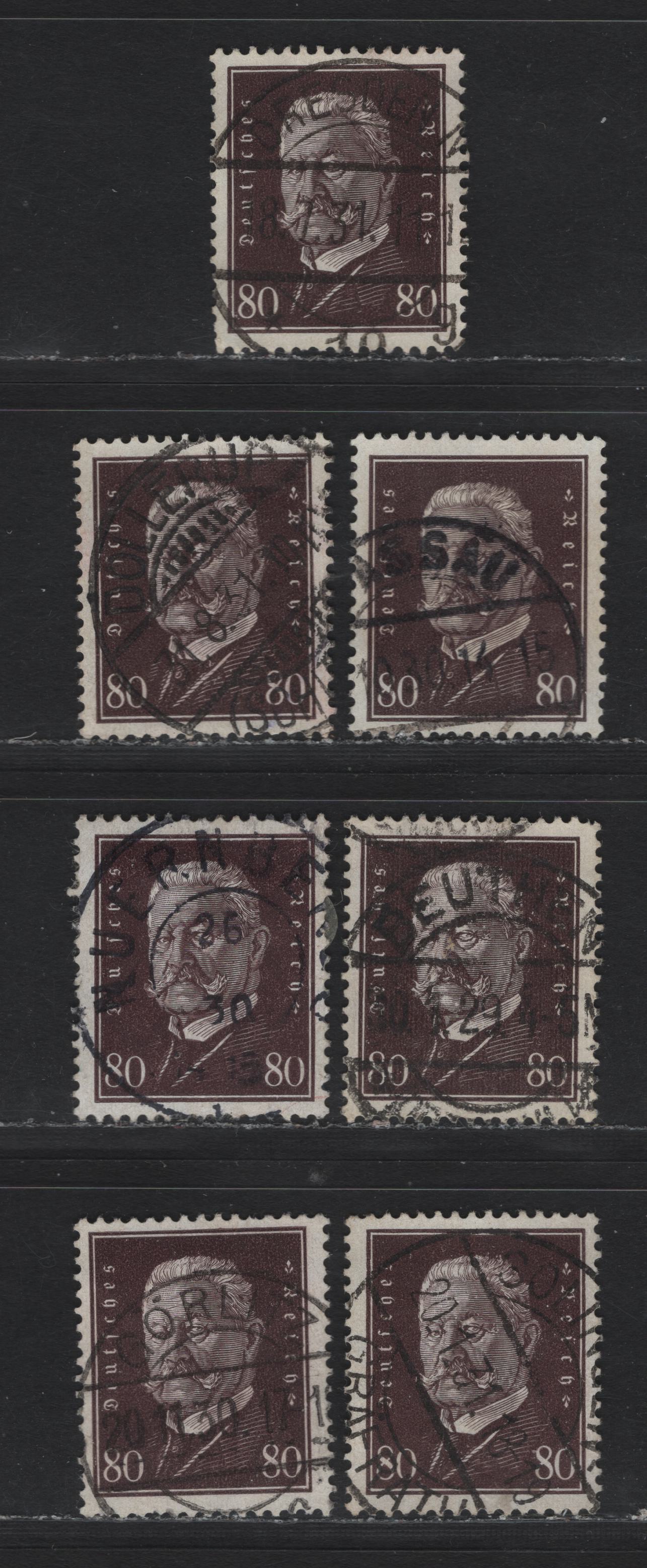 Lot 207 Germany SC#383 (422) 80pf Chocolate , 1928-1932 Ebert & Hindenburg Issue, 7 Fine/Very Fine Used Singles, All With Readable & Dated Town Cancels