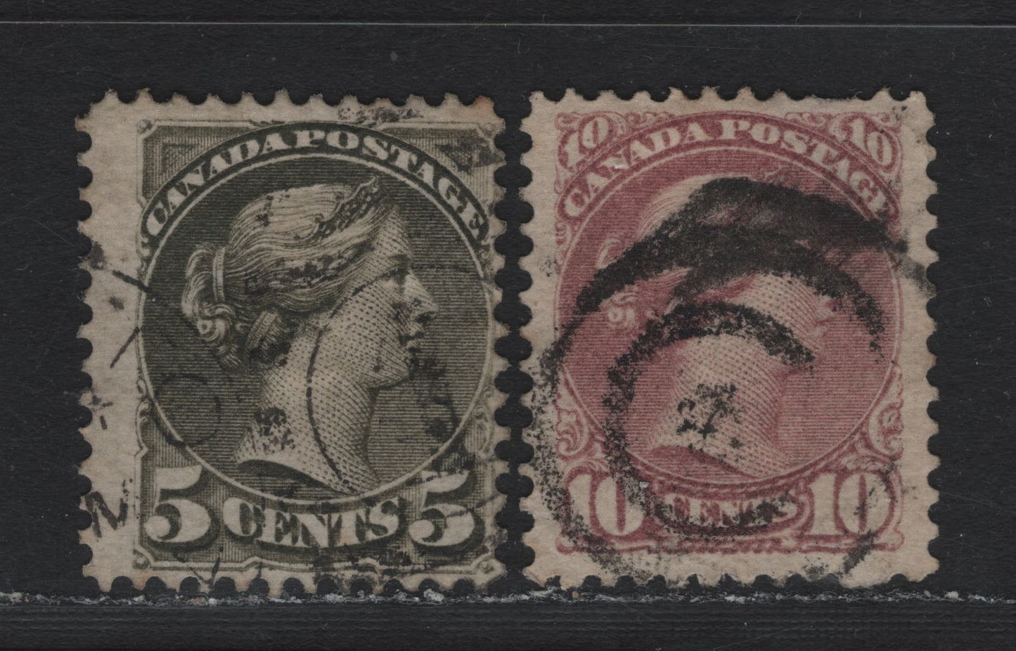 Lot 21 Canada #38i, 40 5c Deep Olive Green & Dull Rose Lilac Queen Victoria, 1870-1893 Small Queen Issue, 2 Fine Used Singles, Late Montreal Printings, Perf 12, LM-R & LM-F Papers.