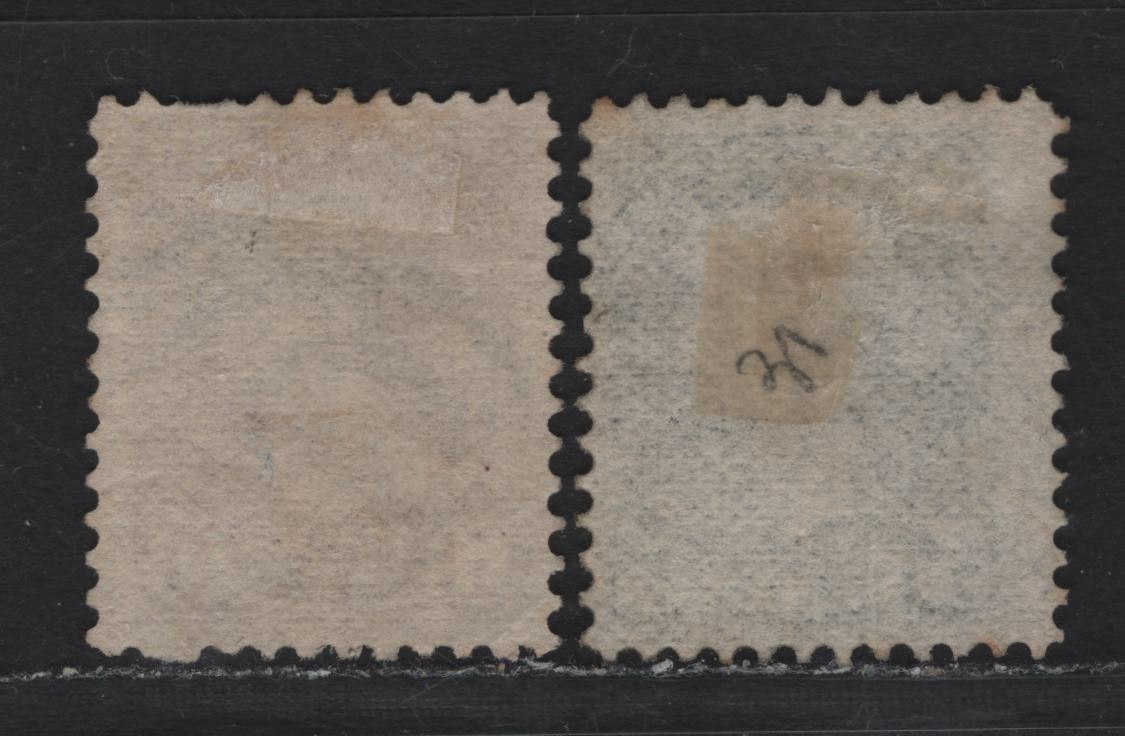 Lot 21 Canada #38i, 40 5c Deep Olive Green & Dull Rose Lilac Queen Victoria, 1870-1893 Small Queen Issue, 2 Fine Used Singles, Late Montreal Printings, Perf 12, LM-R & LM-F Papers.