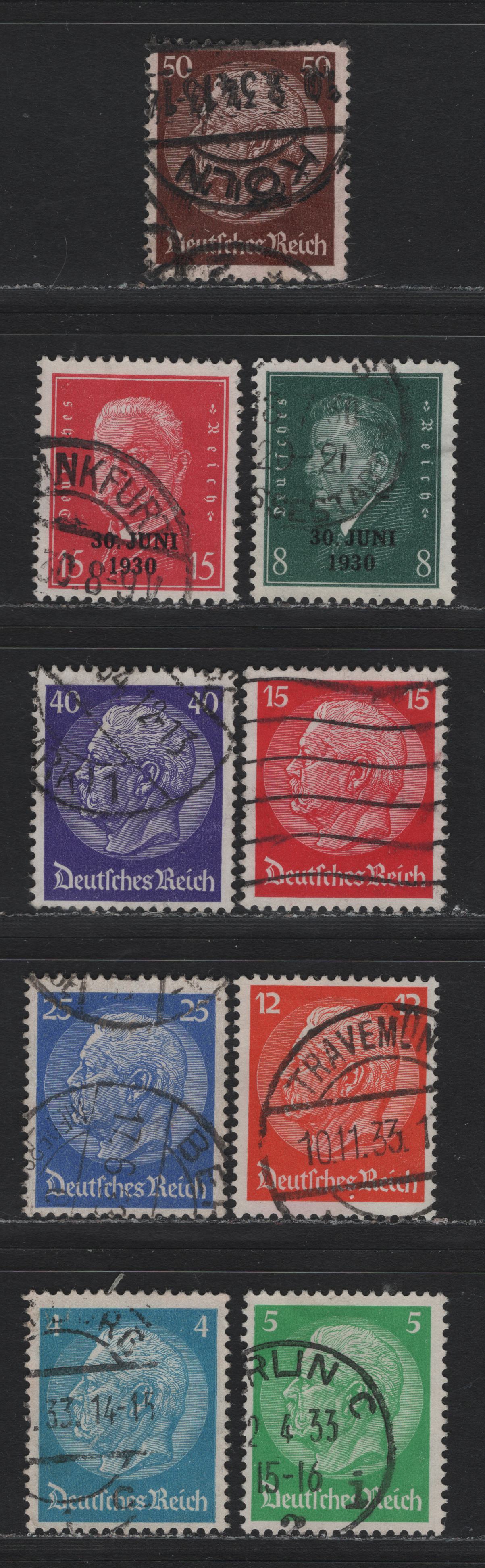 Lot 213 Germany SC#385-386, 391-397 (444-445, 467-473) 8pr - 50pf Dark Green - Dark Brown , 1930-1932 Evacuation of Rhineland - 85th Virthday of Von Hindenburg Issue, 9 Fine Used Singles, Network Wmk