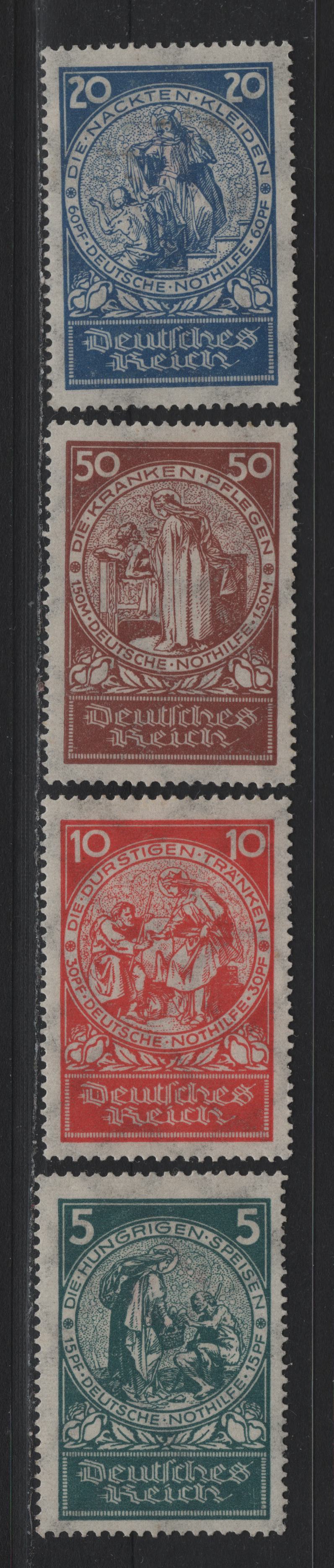 Lot 214 Germany SC#B8-B11 (351-354) 5pf+15pf - 50pf+1.5m Dark Green - Red Brown , 1924 Emergency Aid Semi Postal Issue, 4 F/VFOG Singles