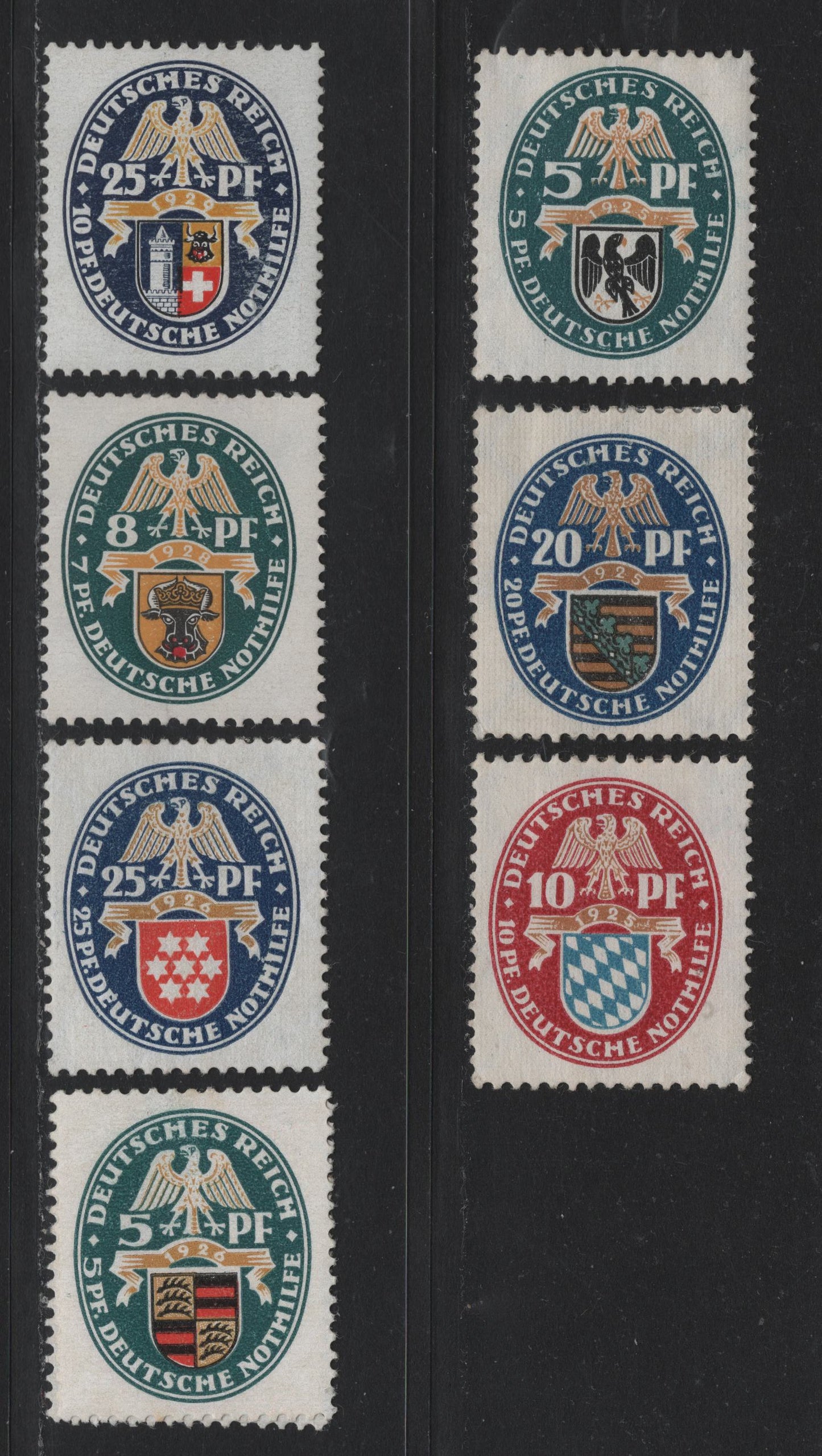 Lot 215 Germany SC#B12-B17, B23, B31 (375-377, 398y-399y, 400, 425y, 433) 5pf+5pf - 25pf+10pf Multicolored , 1925-1929 Arms Semi Postal Issue, 8 VFOG Singles, Network Wmk, Which Is Sideways On B15-16 & B23