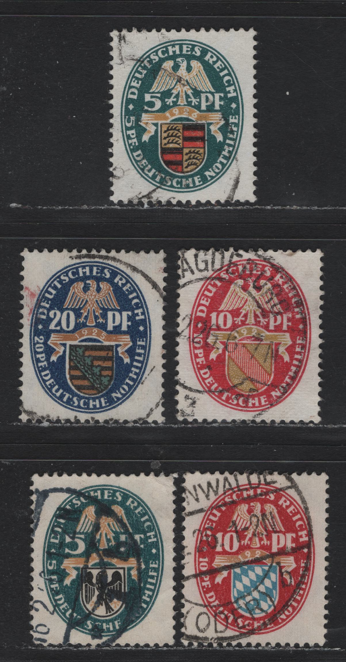 Lot 216 Germany SC#B12-B16 (375-377, 398y-399y) 5pf+5pf - 20pf+20pf Multicolored , 1925-1926 Arms Semi Postal Issue, 5 Very Fine Used Singles, B15-B16 Have Sideways Wmk