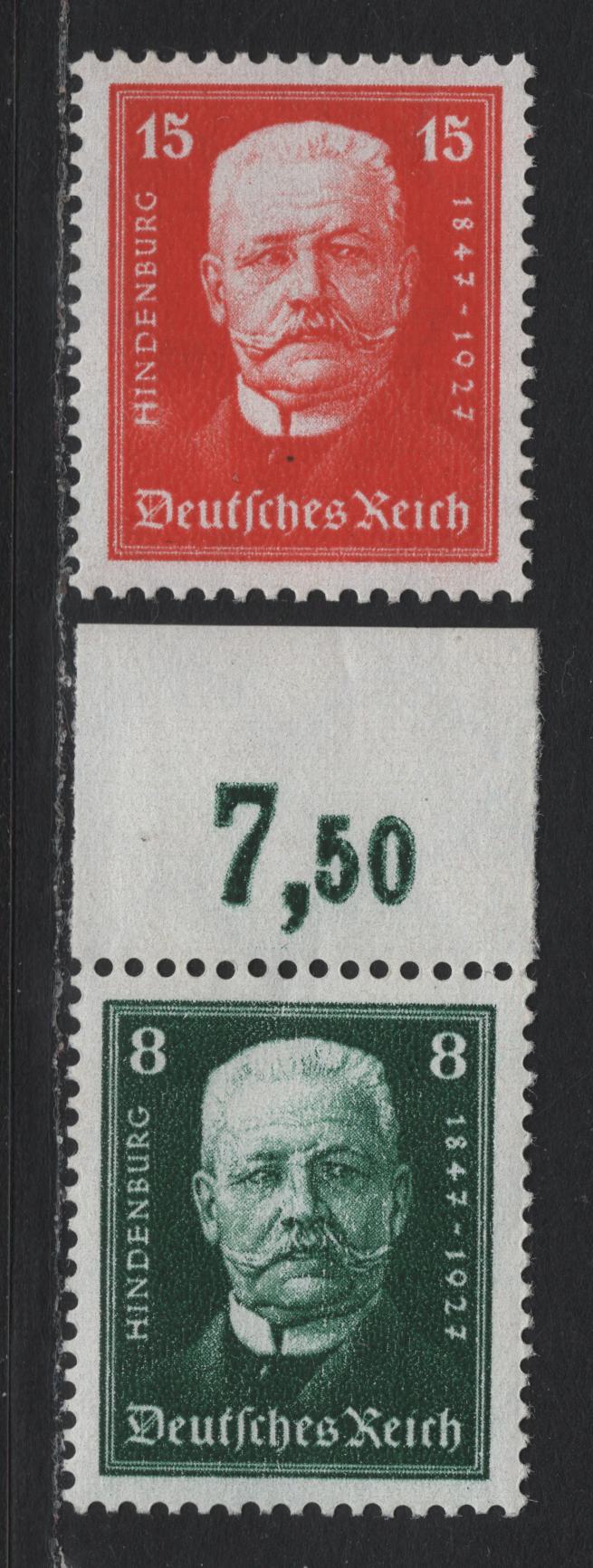 Lot 221 Germany SC#B19-B20 (403-404) 8pf - 15pf Dark Green - Orange , 1927 Hindenburg's 80th Birthday Semi Postal Issue, 2 VFNH Single & Top Margin Single, Value Counter