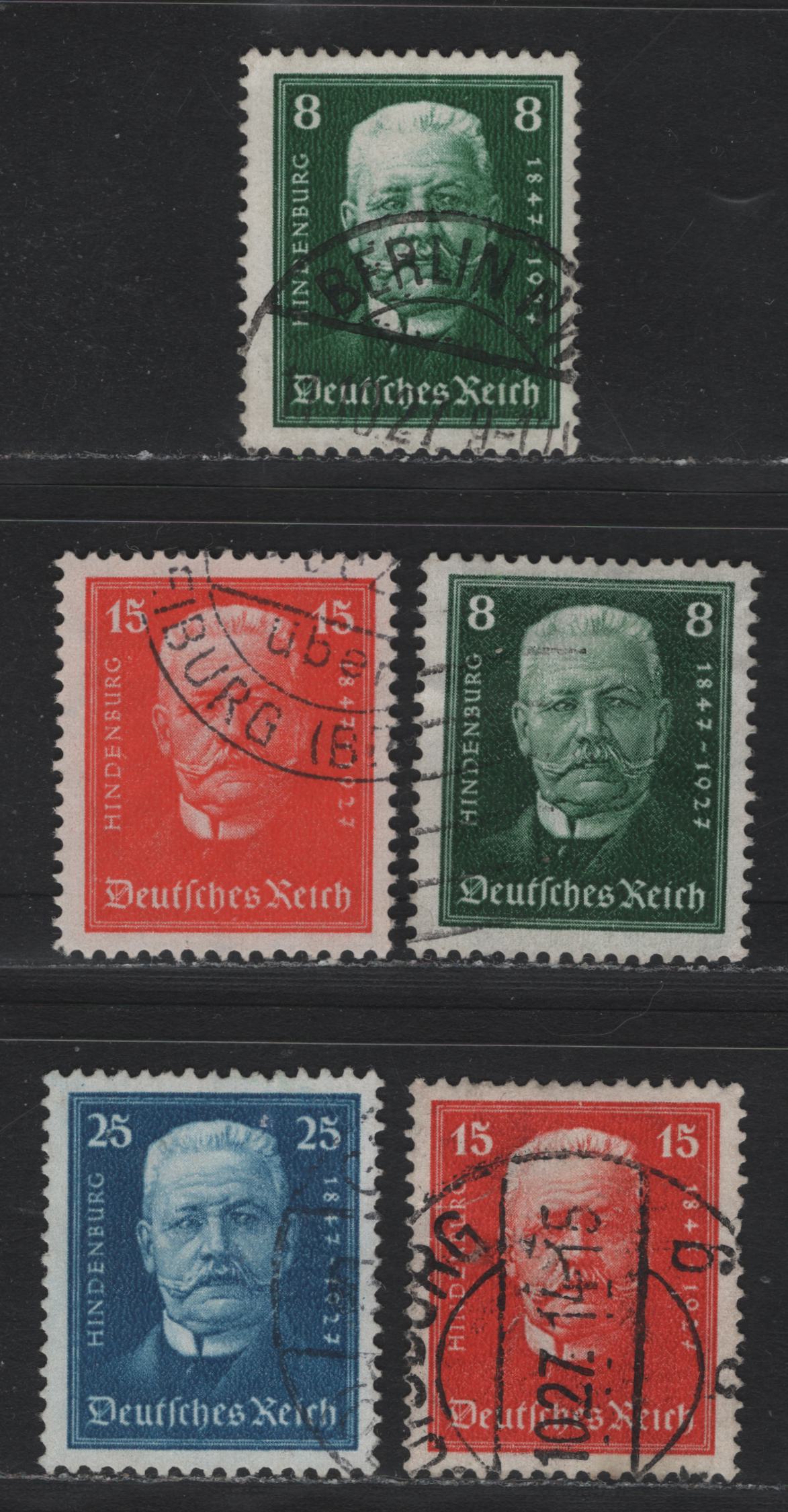 Lot 222 Germany SC#B19-B21 (403-405) 8pf - 25pf Dark Green - Deep Blue , 1927 Hindenburg's 80th Birthday Semi Postal Issue, 5 Fine/Very Fine Used Singles, Includes Two Shades Each Of 8pf & 15pf