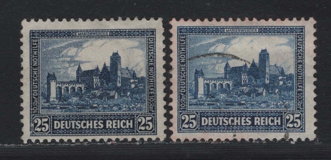 Lot 224 Germany SC#B36 (452a-b) 25pf+10pf Blue & Blackish Ultramarine , 1930-1932 Castle Semi Postal Issues, 2 Fine/Very Fine Used Singles, Rare Blue Shade With The Normal Blackish Ultramarine For Comparison