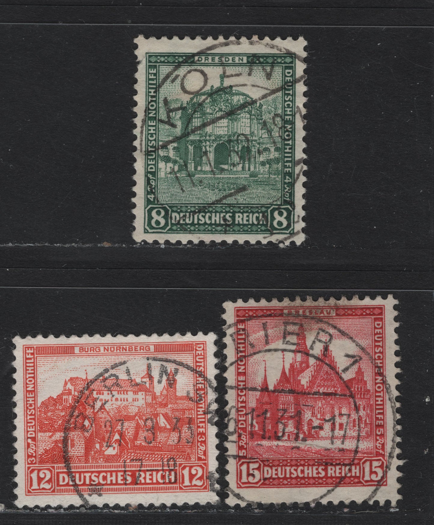 Lot 228 Germany SC#B38-B39, B46 (459-460, 476) 8pf+4pf - 12pf+3pf Dark Green - Orange Red , 1931-1932 Castle Semi Postal Issues, 3 Fine/Very Fine Used Singles, SON Cancels