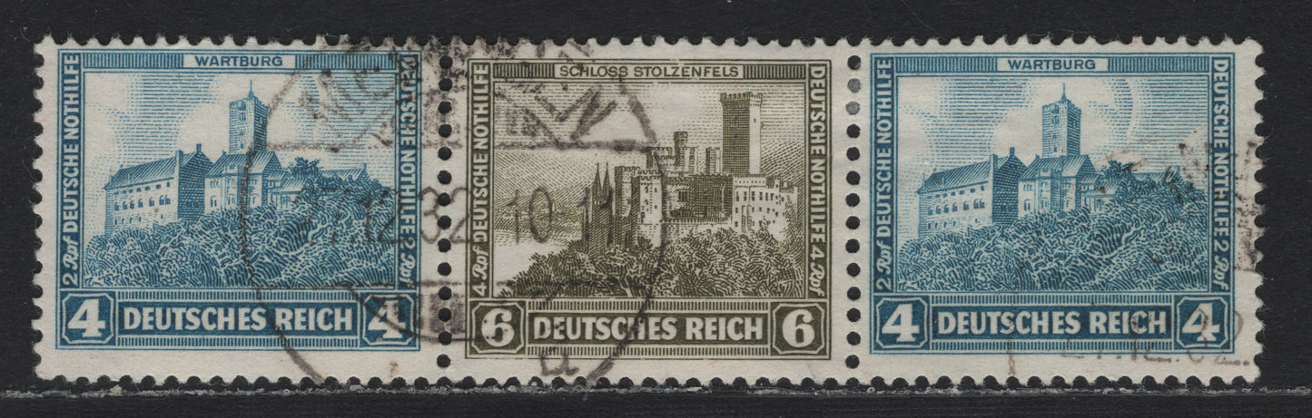 Lot 232 Germany SC#B44-B45 (W44) 4pf+2pf - 6pf+4pf Light Blue - Green , 1932 Surcharged & Regular Castle Semi Postal Issues, A Fine Used Booklet Strip of 3, December 1932 Munich Cancel