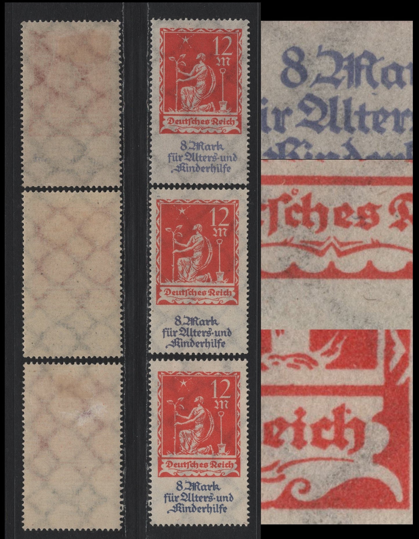 Lot 236 Germany SC#B4 (234var) 12m+8m Red Orange & Blue Gray , 1922 Planting Charity Semi Postal Issue, 3 F/VFOG Singles, Includes Unlisted Varieties
