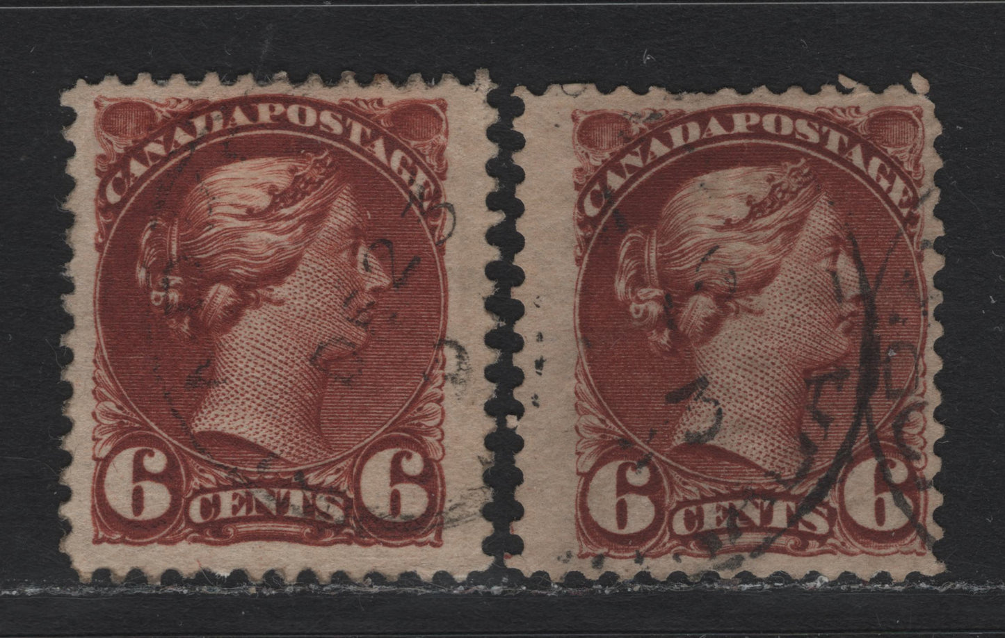 Lot 24 Canada #43 6c Red Brown Queen Victoria, 1888-1897 Small Queen Issue, 2 Fine Used Singles, Second Ottawa Printing, 2O-E Paper, Perfs 12x11.9 & 12x12.2.