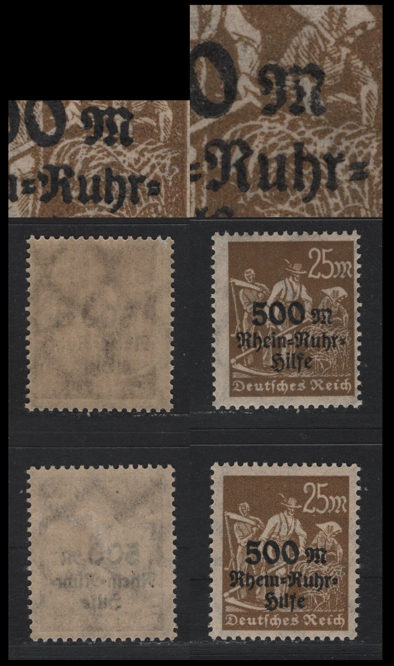 Lot 240 Germany SC#B6 (259) 500m on 25m Olive Brown , 1923 Rhine-Ruhr Semi Postal Overprinted Issue, 2 FNH/VFOG Singles, Unlisted Overprint Varieties