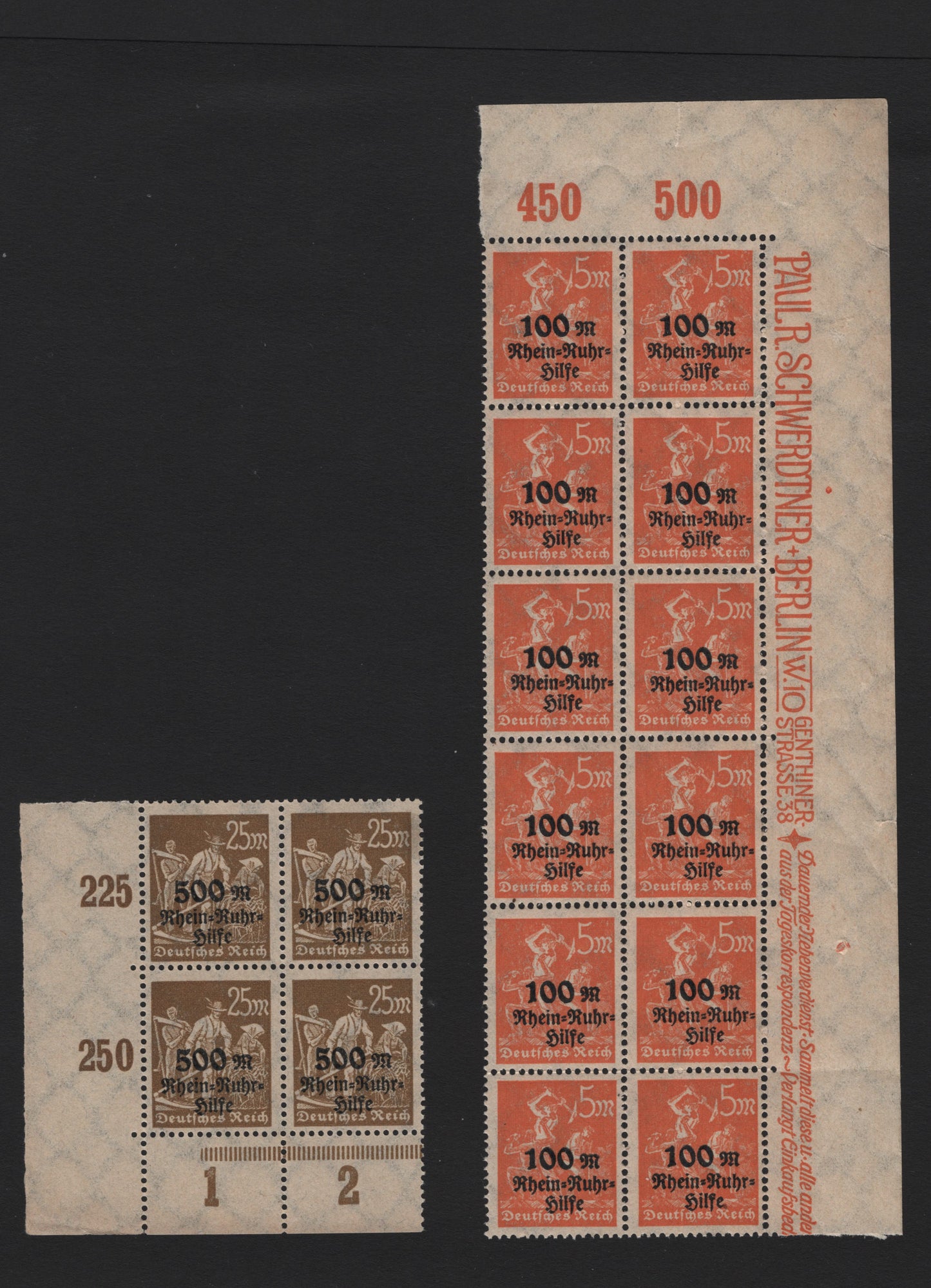 Lot 241 Germany SC#B5-B6 (258-259) 5m+100m - 25m+500m Orange - Olive Brown , 1923 Rhine-Ruhr Semi Postal Overprinted Issue, 2 VFNH Blocks Of 12 (UR) & Block Of 4 (LL), Showing Value Counters And/or Column Numbers
