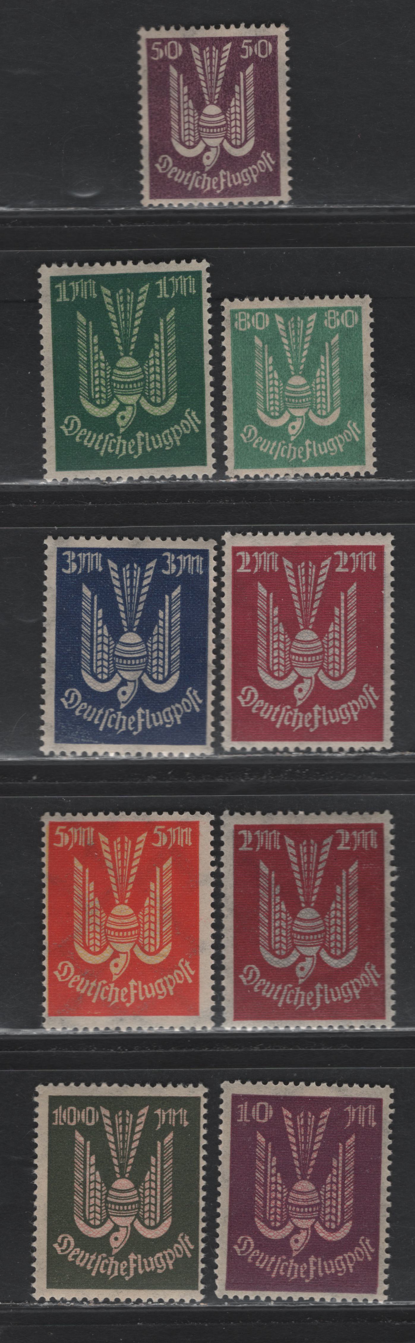 Lot 243 Germany SC#C5/C14 (212/218, 216b, 233, 236) 50pf - 100m Violet - Olive Green & Rose , 1922-1923 Carrier Pidgeon Airmail Issue, 9 F/VFNH Singles, Both Carmine-Red & Lilac Red Shades Of The 2m