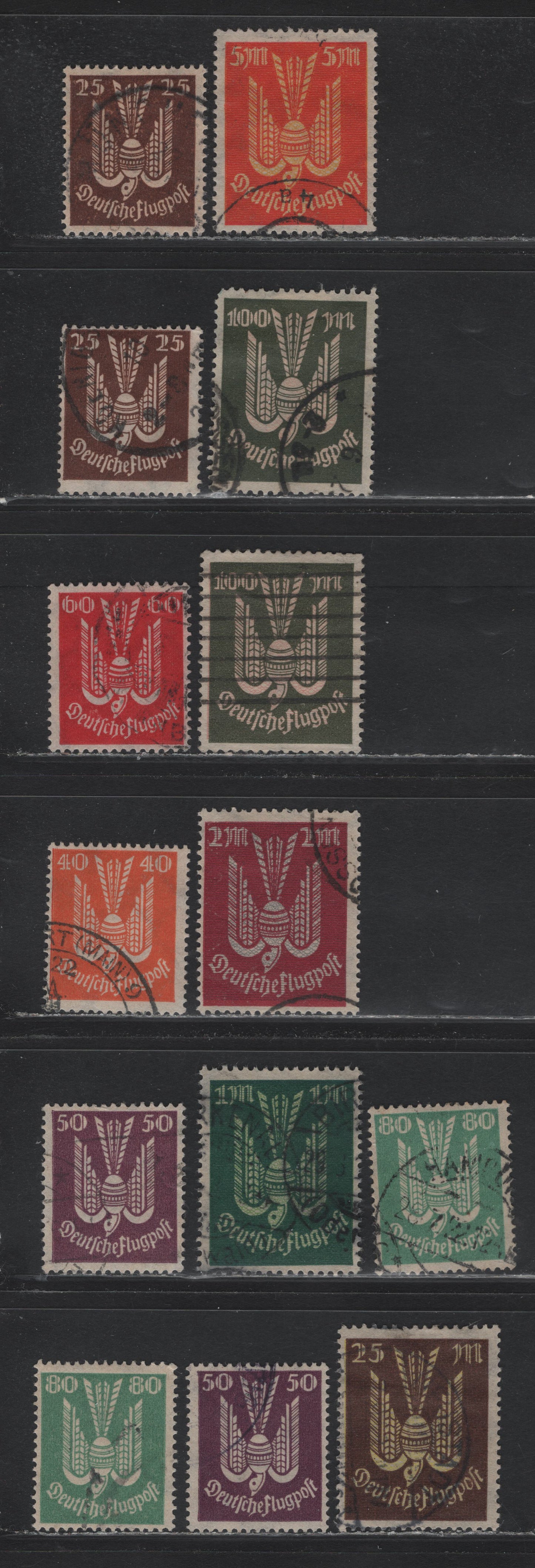 Lot 244 Germany SC#C3-C9, C11, C13-C14 (210/218, 236-237) 25pf - 100m Chocolate - Olive Green & Rose , 1922-1923 Carrier Pidgeon Airmail Issue, 14 Fine/Very Fine Used Singles, Selection of Posthumous, Forged Or Favor Cancels