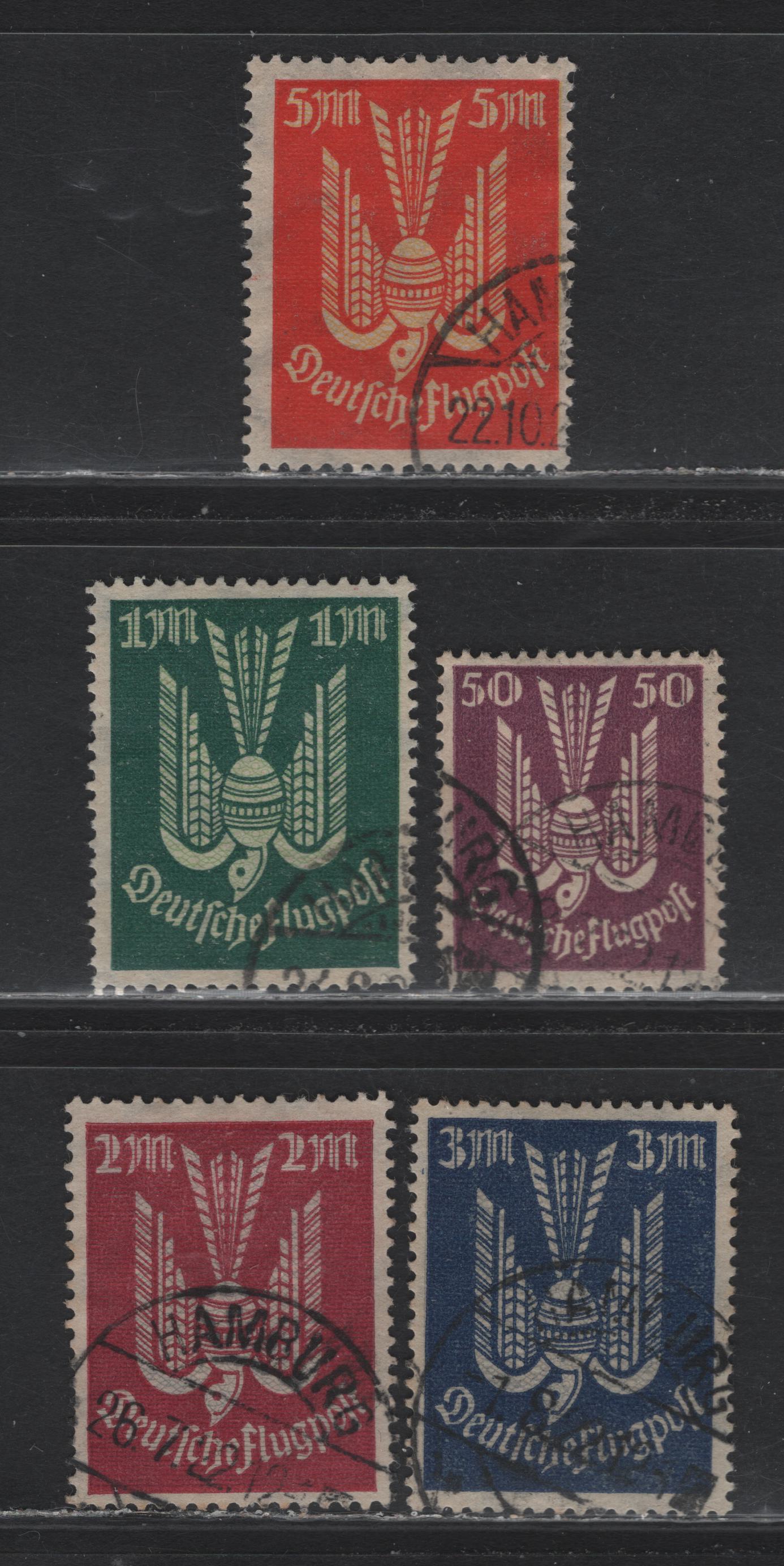 Lot 245 Germany SC#C5, C8-C11 (212, 215, 216a, 217b, 218) 50pf - 5m Violet - Olive Green & Rose , 1922-1923 Carrier Pidgeon Airmail Issue, 5 Fine/Very Fine Used Singles, Hamburg Cancels, All Have Right Ink Appearance And Structure
