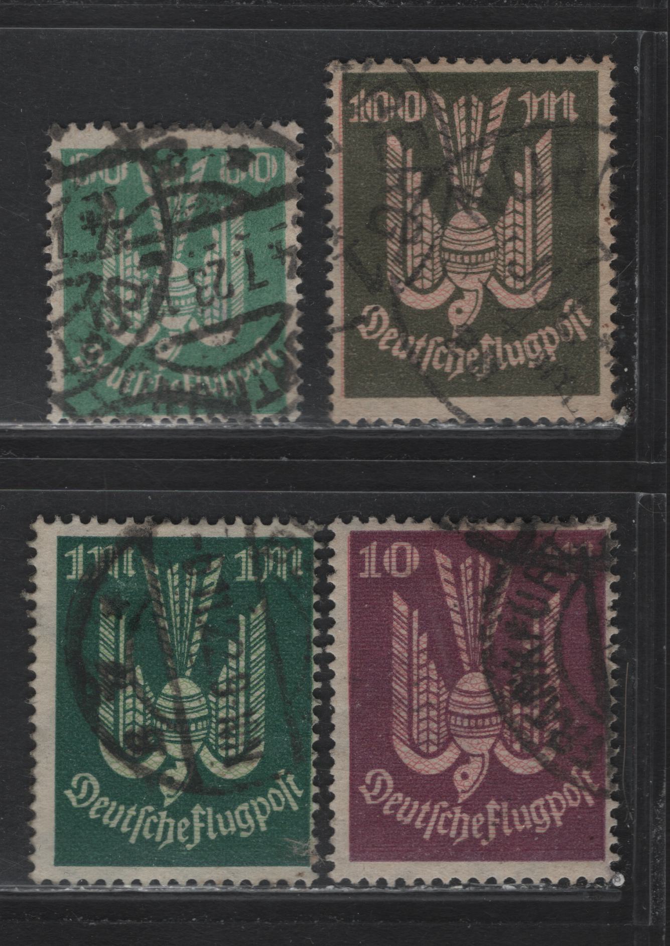 Lot 246 Germany SC#C7-C8, C12, C14 (214-215, 235, 237) 80pf - 100m Blue Green - Olive Gren & Rose , 1922-1923 Carrier Pidgeon Airmail Issue, 4 Fine Used Singles, Postally Used Examples