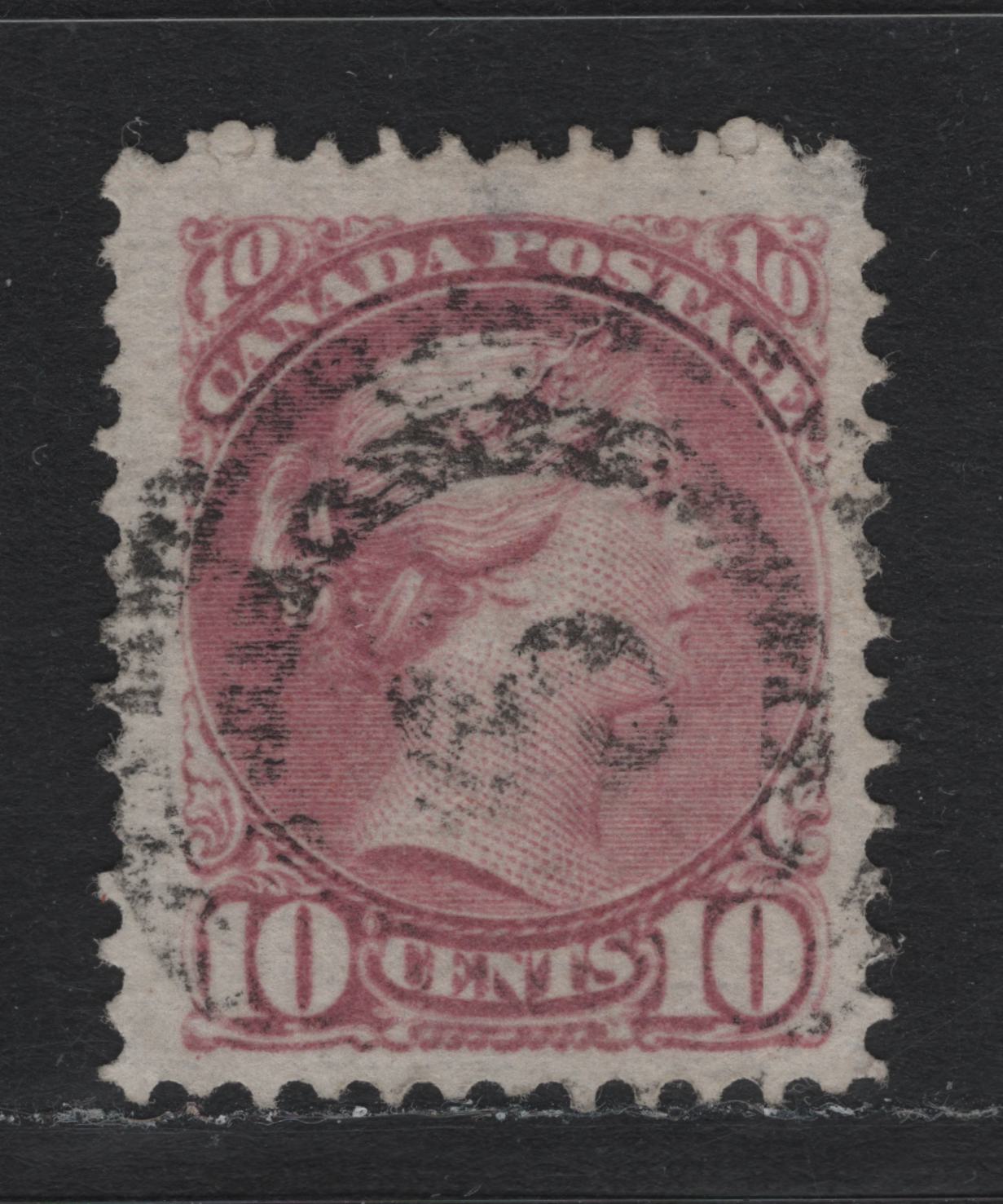 Lot 25 Canada #40 10c Dull Rose Lilac Queen Victoria, 1870-1893 Small Queen Issue, A Very Good Used Single, Mid Montreal Printing, Perf 11.9x12, MM-U Paper, #3 Quebec City Cancel & Small Pos. Dot below LL Scroll.