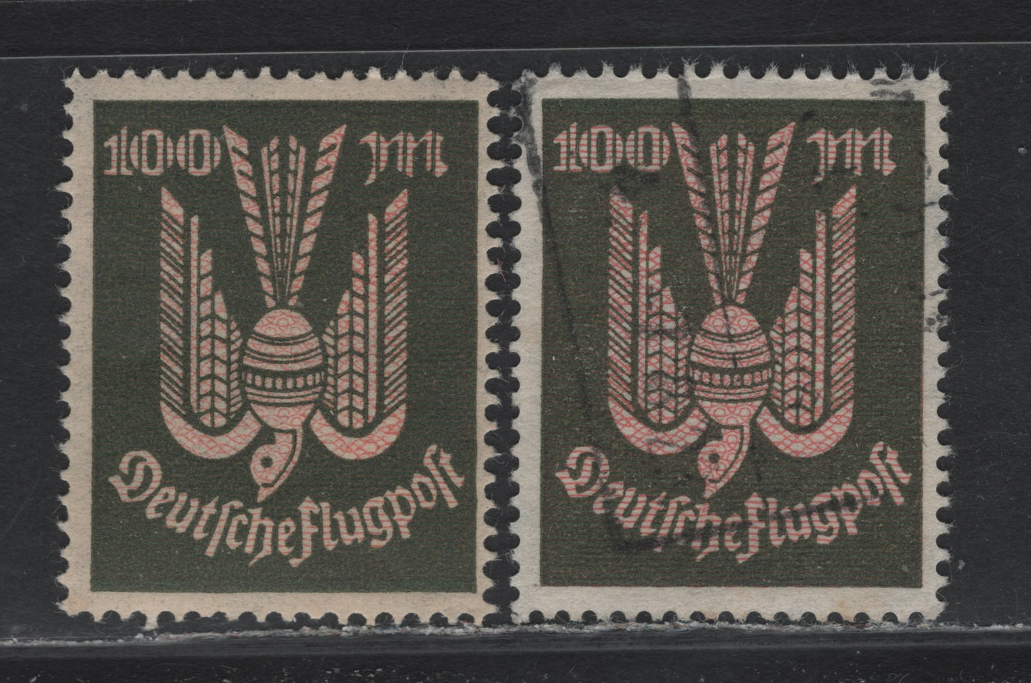 Lot 252 Germany SC#C14var 100m Olive Green & Rose , 1922-1923 Carrier Pidgeon Airmail Issue, 2 FOG & Fine Used Singles, Network Color Printed On Top Instead of Underneath It