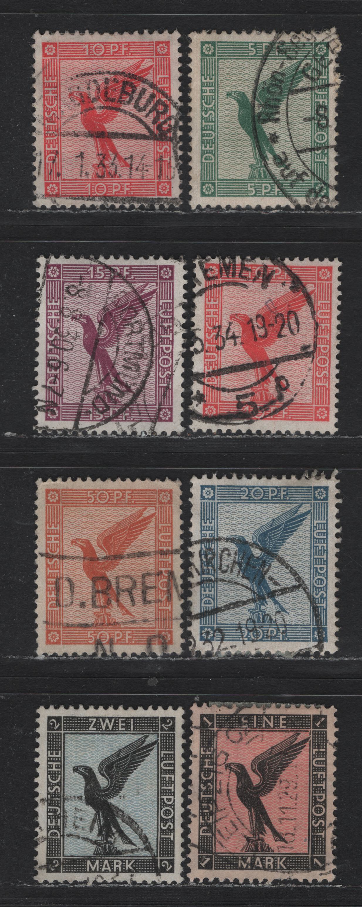 Lot 256 Germany SC#C27-C33 (378-383) 5pf - 2m Green - Black & Blue , 1926-1927 German Eagle Airmail Issue, 8 Very Fine Used Singles, Extra Shade of 10pf