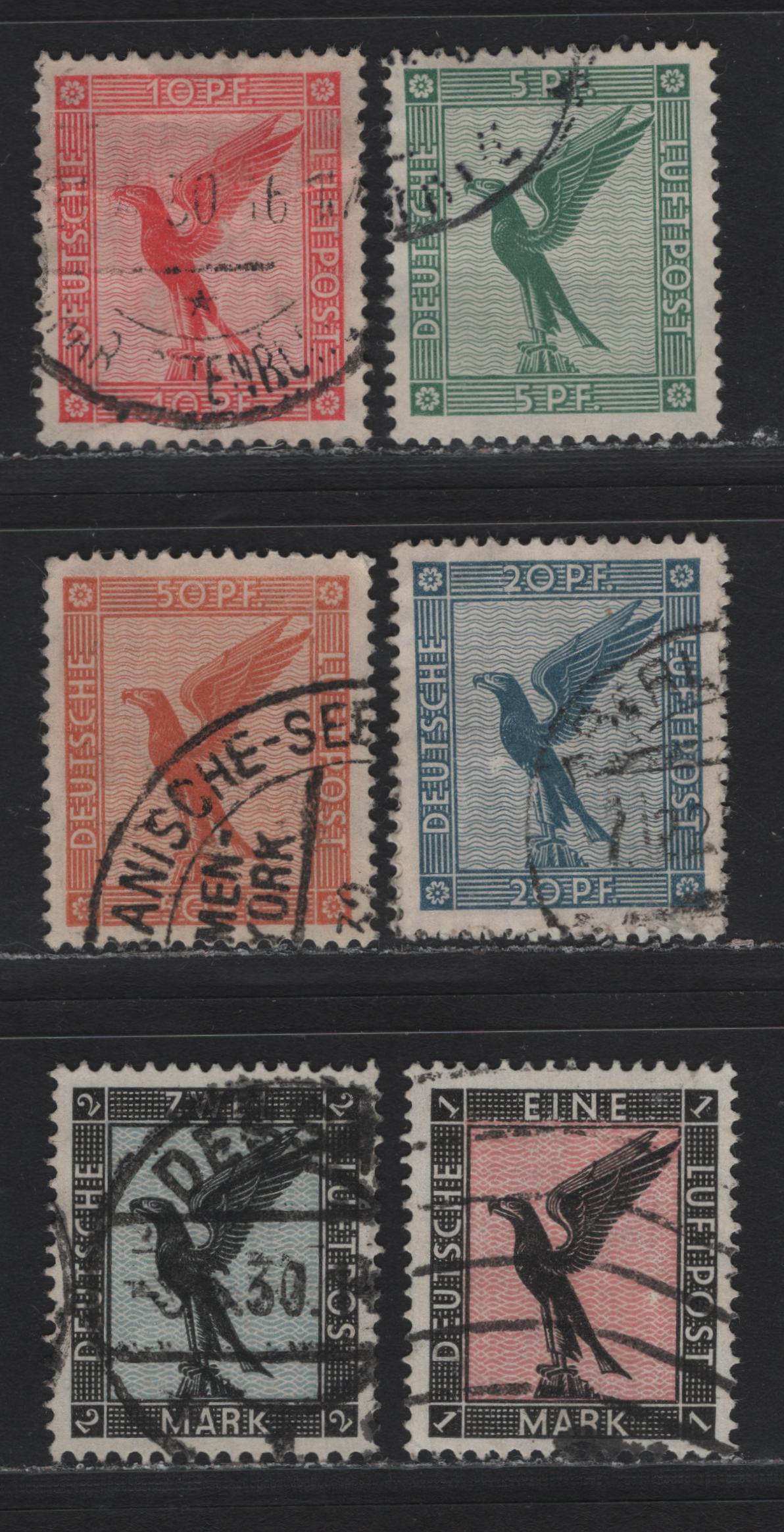 Lot 257 Germany SC#C27-C33 (378-383) 5pf - 2m Green - Black & Blue , 1926-1927 German Eagle Airmail Issue, 8 Very Fine Used Singles, As Lot 256, But Different Cancels