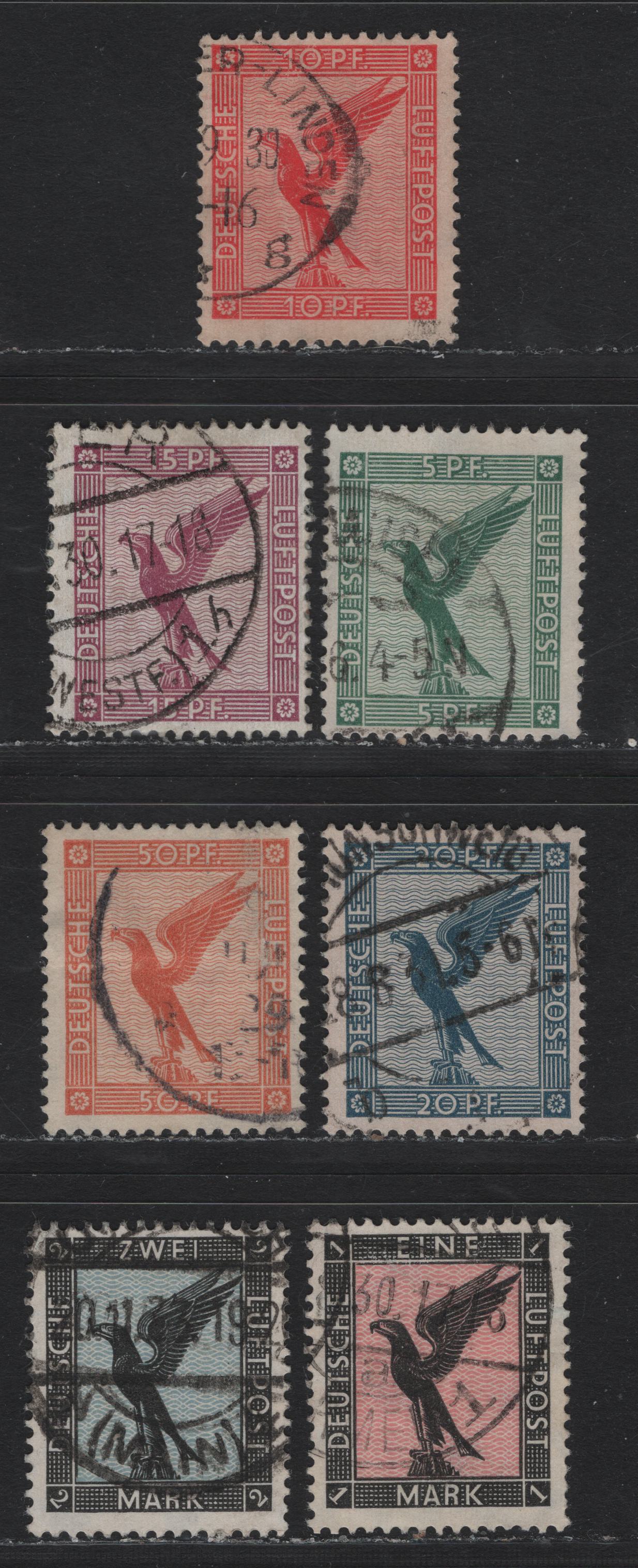 Lot 258 Germany SC#C27-C33 (378-383) 5pf - 2m Green - Black & Blue , 1926-1927 German Eagle Airmail Issue, 8 Fine Used Singles, As Lot 257