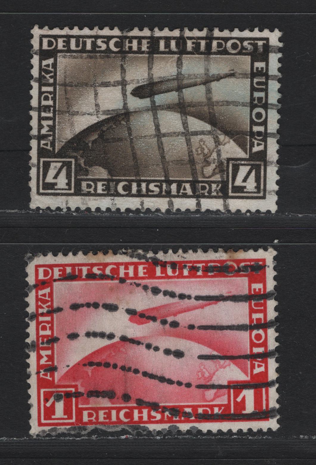 Lot 261 Germany SC#C35-C37 (455, 424) 1m - 4m Carmine - Black Brown , 1928-1931 Graf Zeppelin Airmail Issue, 2 Good/Very Good Used Singles, Presentable Examples With Minor Perf Faults & Moderate to Heavy Machine Cancels