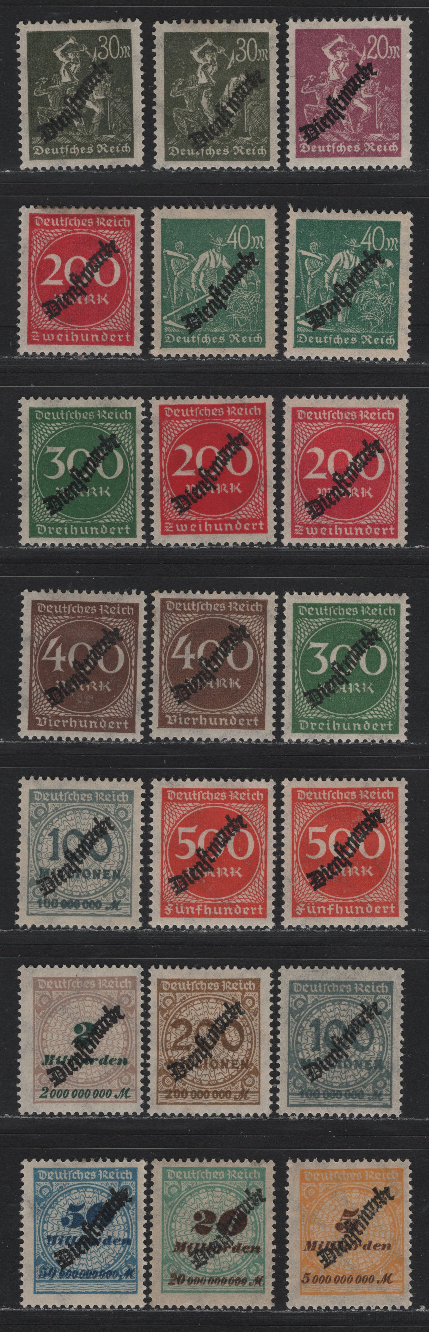Lot 268 Germany SC#O22-O28, O40-O43, O45-O46 (75-77a, 78-81, 82-83a, 84-84-85, 87-88) 20m - 50mlrd Red Lilac - Dark Blue , 1923 Official Overprinted Numeral & Rosette Issue, F/VFOG Singles, Extra Shades