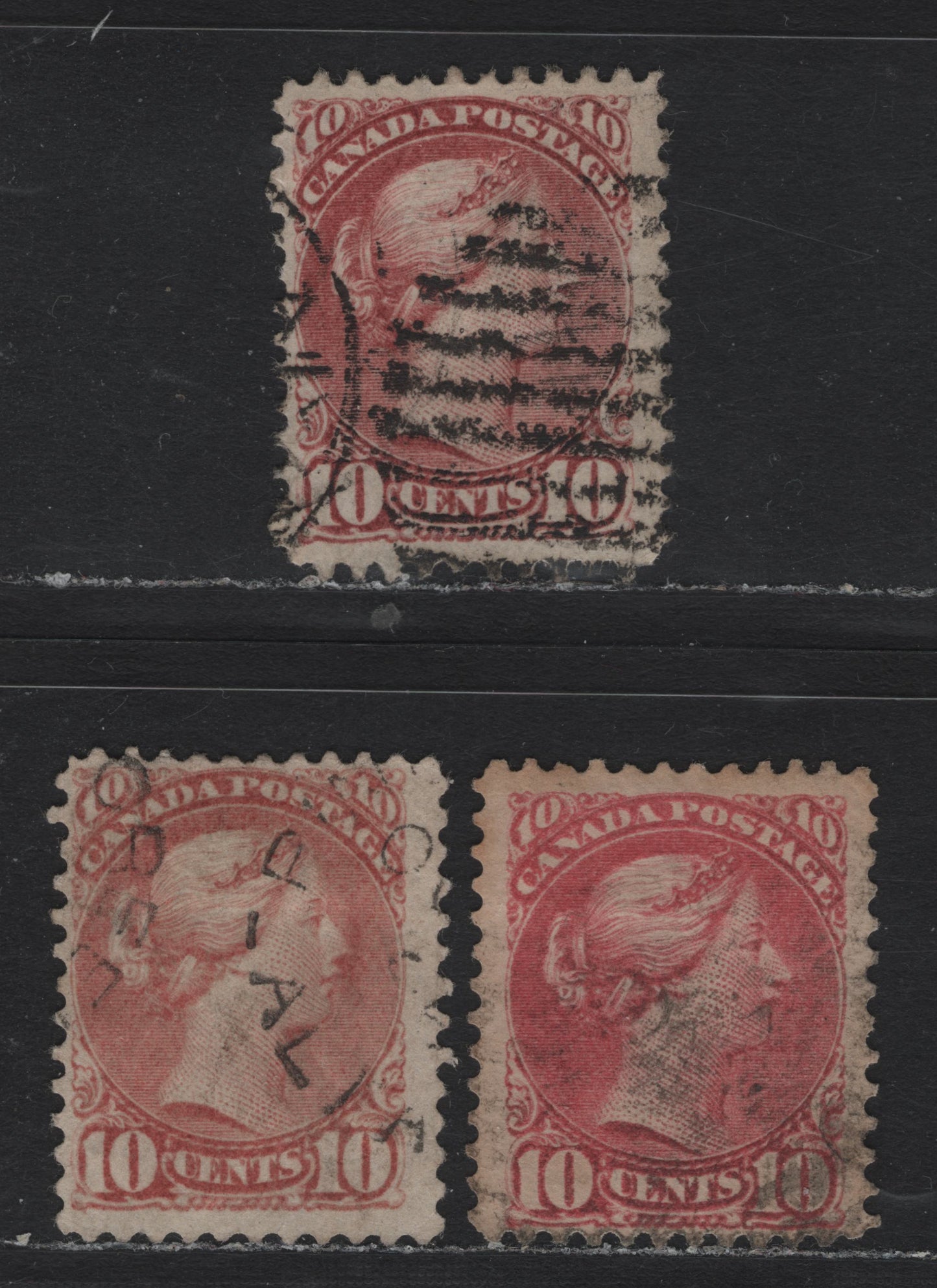 Lot 27 Canada #45a-b 10c Brownish Rose - Deep Dull Rose Queen Victoria, 1888-1897 Small Queen Issue, 2 Very Good/Fine Used Singles, Second Ottawa Printings, Perfs 12.1x11.9, 12.1 & 12x12.1, MG-I, LM-G & LM-O Papers.