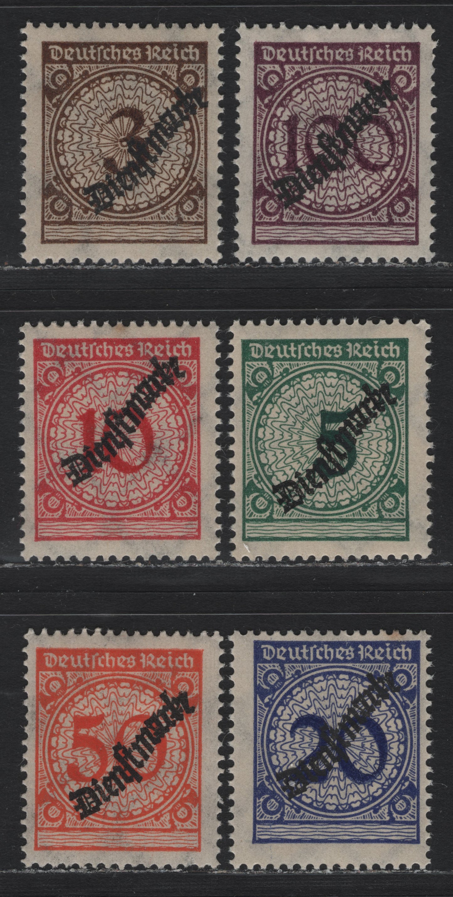 Lot 271 Germany SC#O48-O52 (99Pa-104P) 3pf - 100pf Dark Orange-Brown - Blackish Violet Purple , 1924 Rentenpfenning Floral Issue, F/VFOG Singles