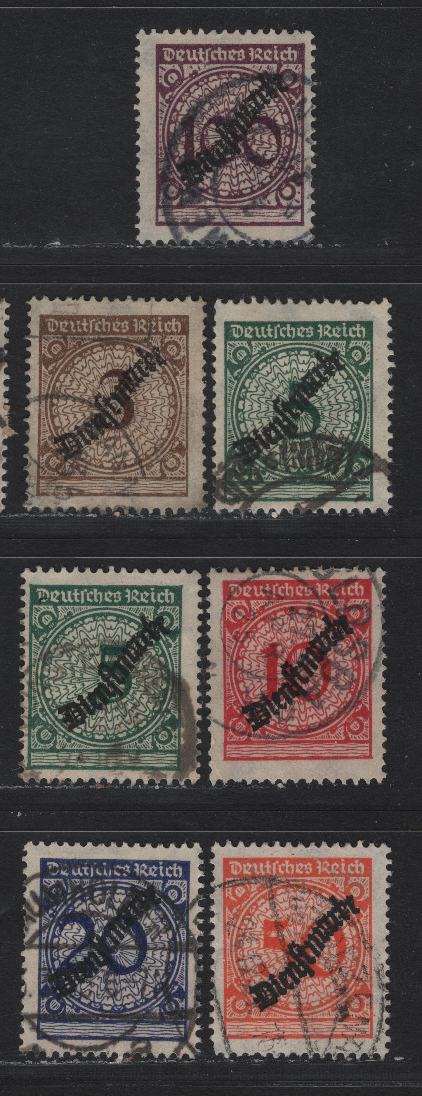 Lot 273 Germany SC#O47-O52 (99Pa, 100Pa, 100Wa, 101Pa-104P) 3pf - 100pf Dark Orange Brown - Blackish Violet Purple , 1924 Rentenpfenning Floral Issue, Fine Used Singles, Include Both Flat Plate & Rotary Press 5pf