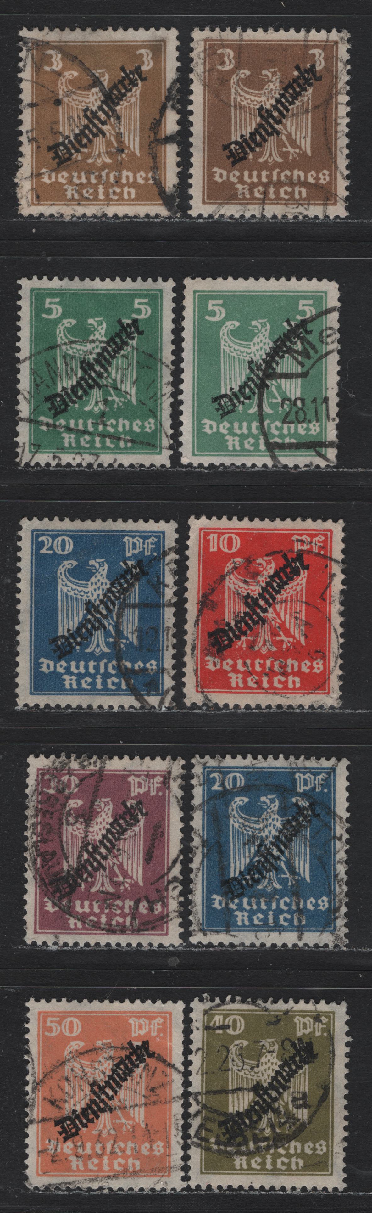 Lot 276 Germany SC#O53-O59 (105a, 106-111) 3pf - 50pf Ocher Brown - Light Orange , 1924 German Eagle Official Issue, Very Fine Used Singles