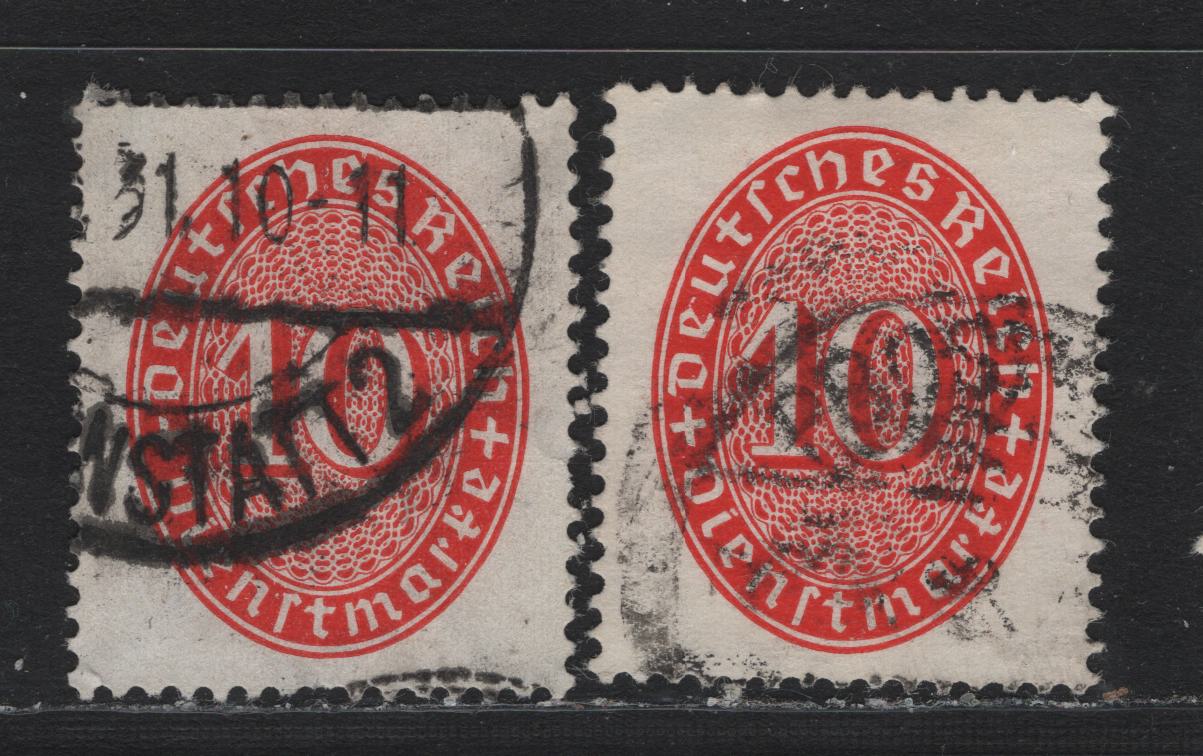 Lot 278 Germany SC#O69-a (123x, 123y) 10pf Vermillion , 1927-1933 Numeral Officials, Fine/Very Fine Used Singles, Wmk Upright & Sideways